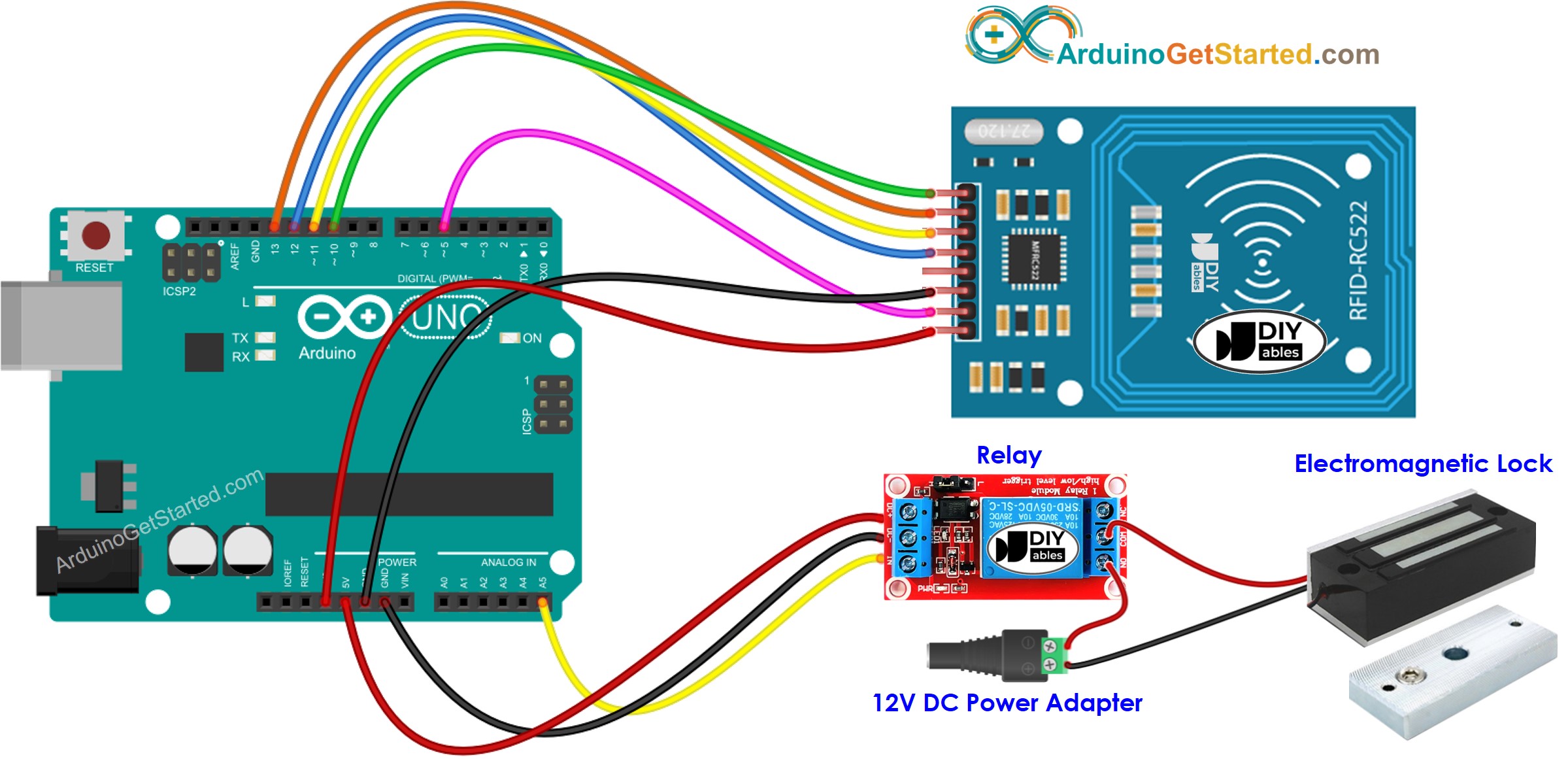 Arduino RFID RC522 elektromagnetisch slot bedradingsschema