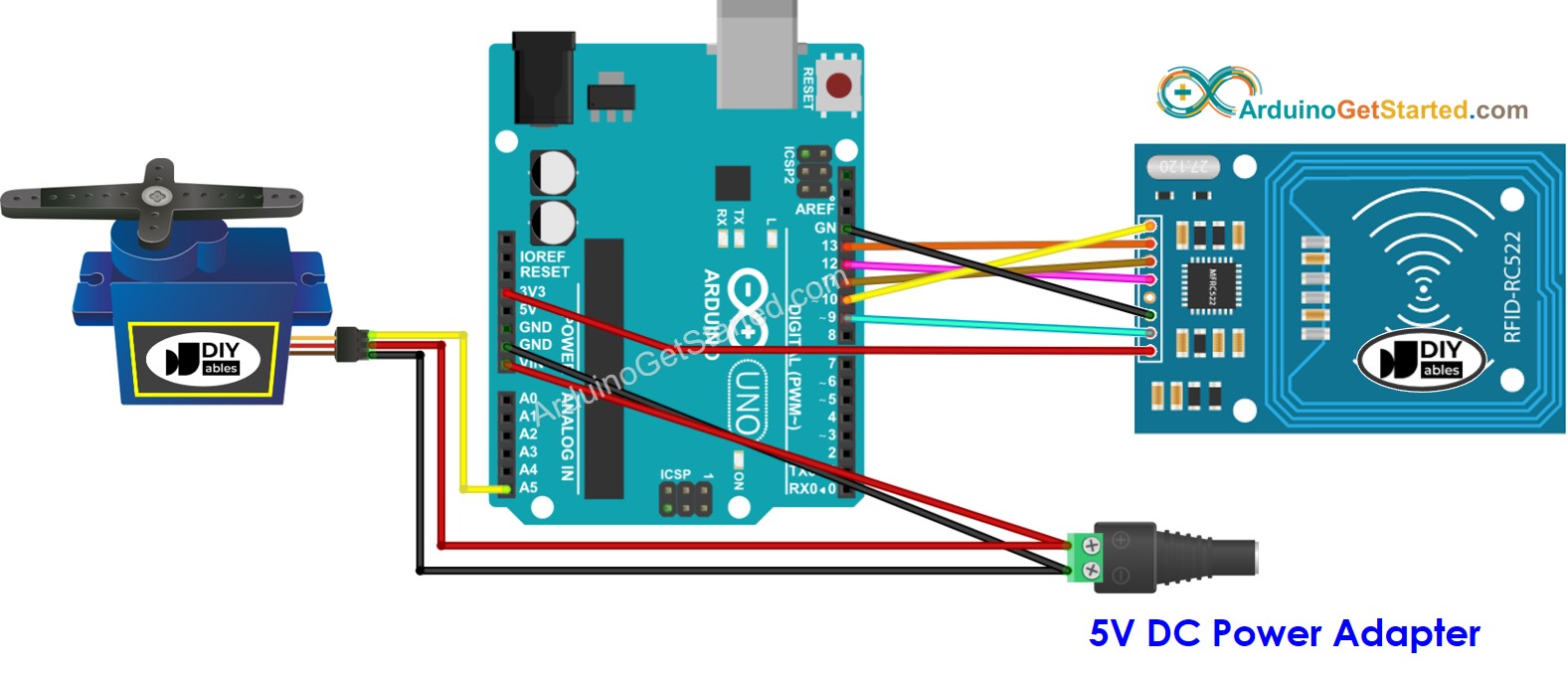 Arduino RFID RC522 servo motor bedradingsschema