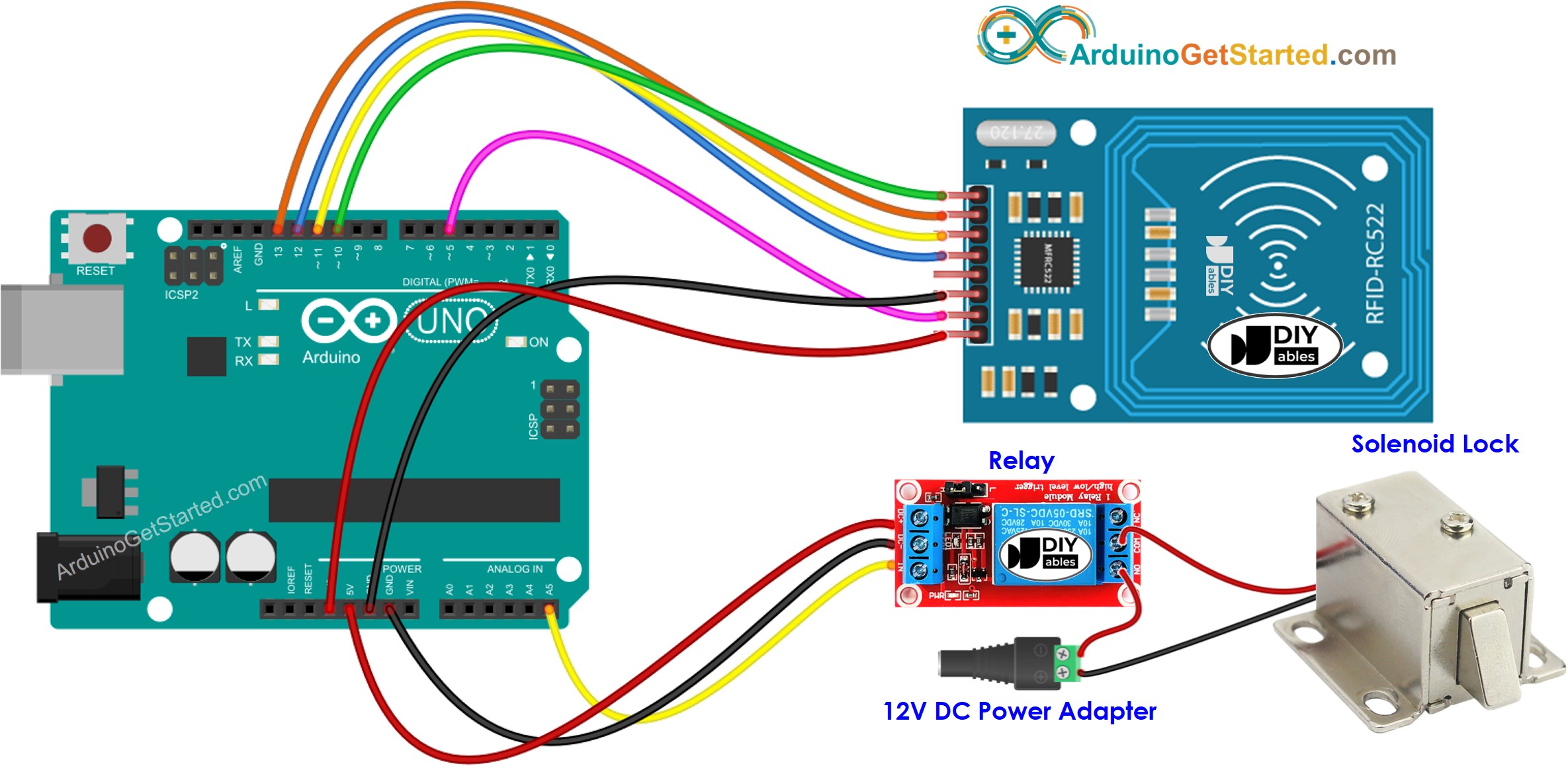 Arduino RFID RC522 solenoïde slot bedrading schema