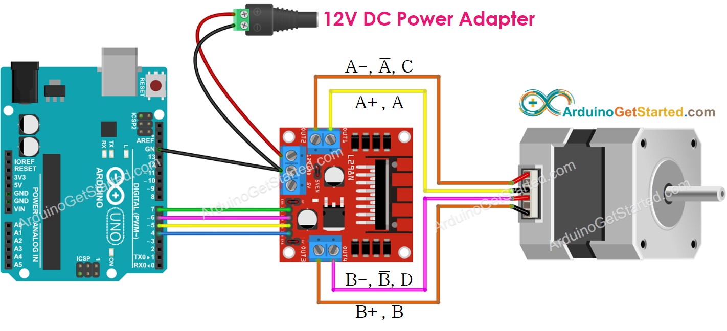Arduino Stappenmotor L298N Driver Aansluitschema