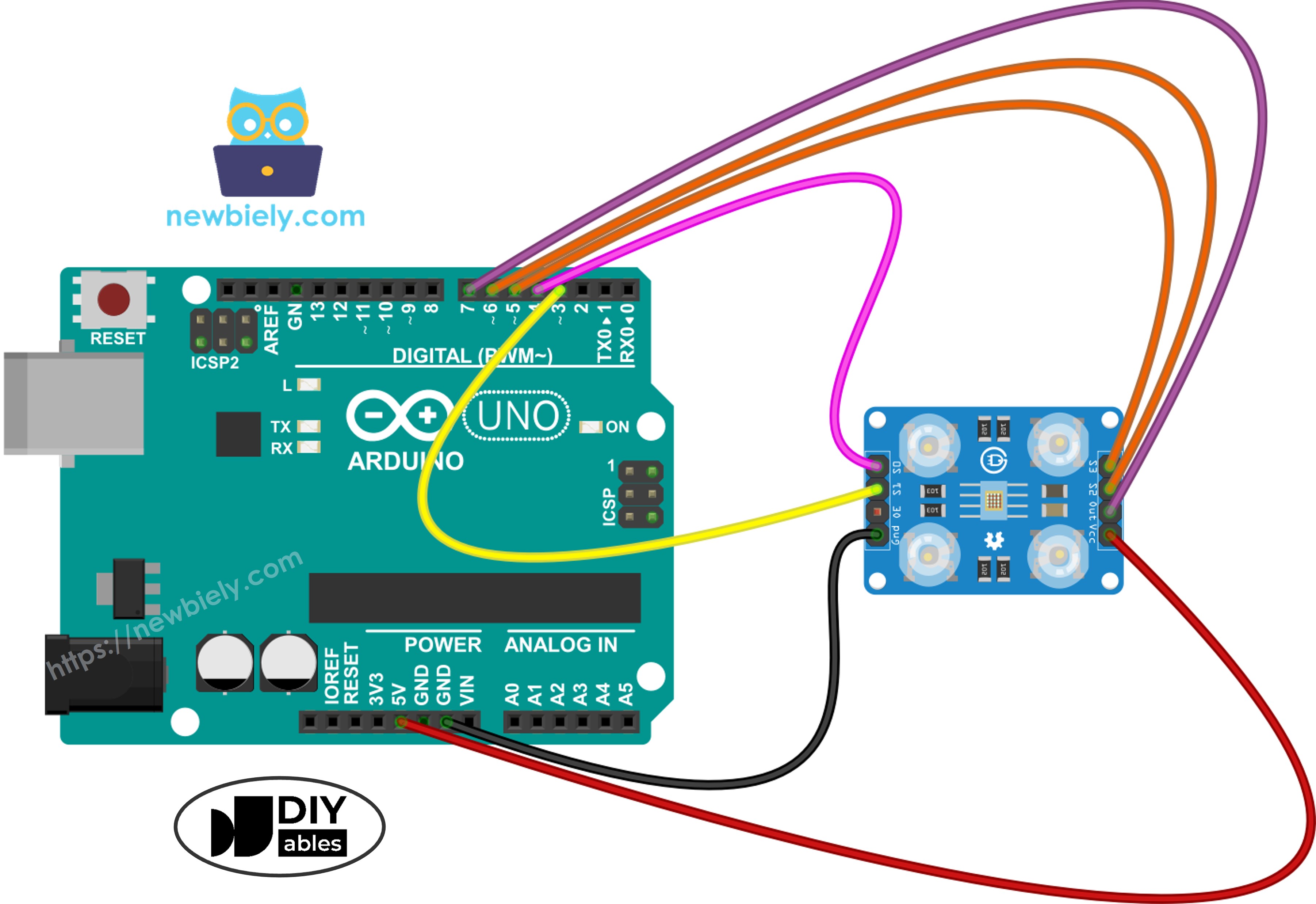 Arduino en TCS3200 kleurensensor aansluitdiagram met pinverbindingen