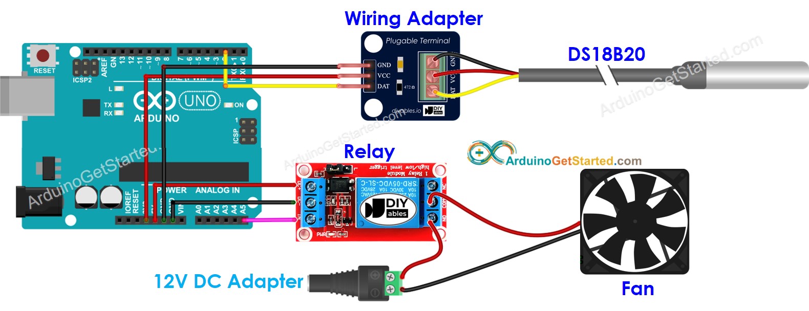 Arduino temperatuursensor bestuurt ventilator bedradingsschema
