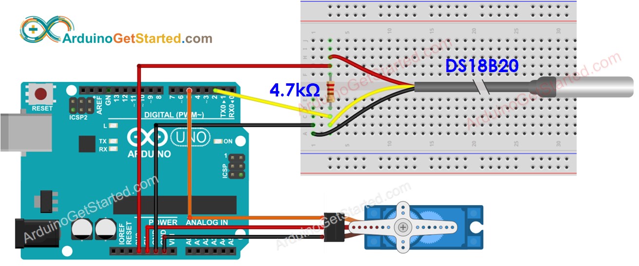 Arduino DS18B20 servo motor bedrading schema