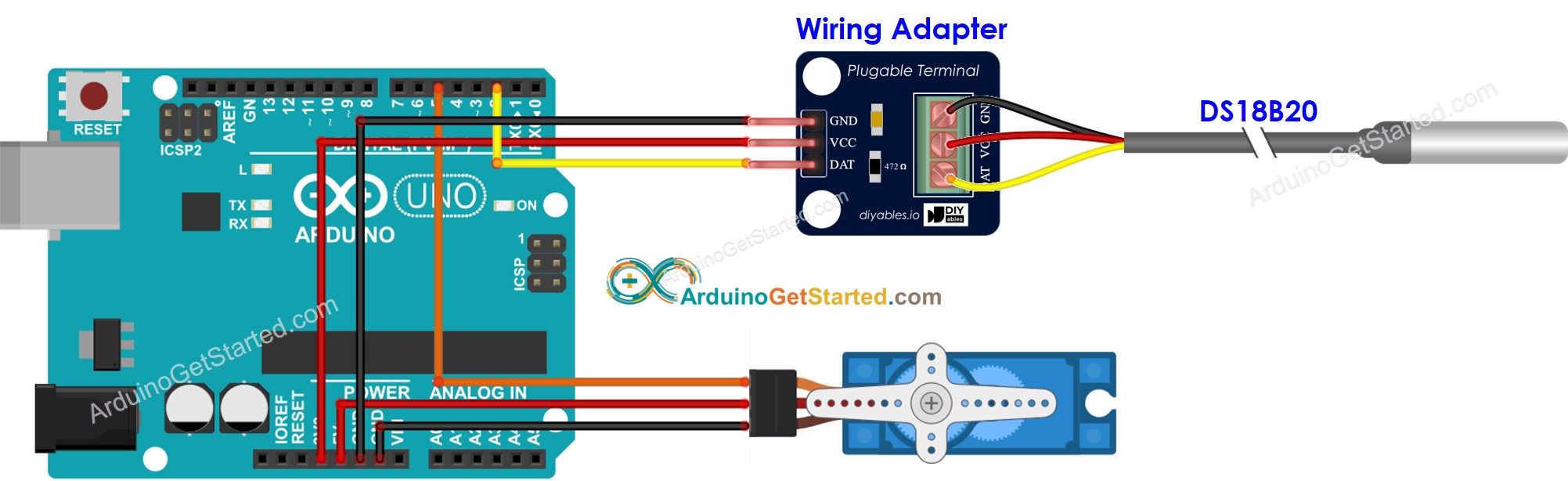 Arduino temperatuursensor servo motor bedrading schema