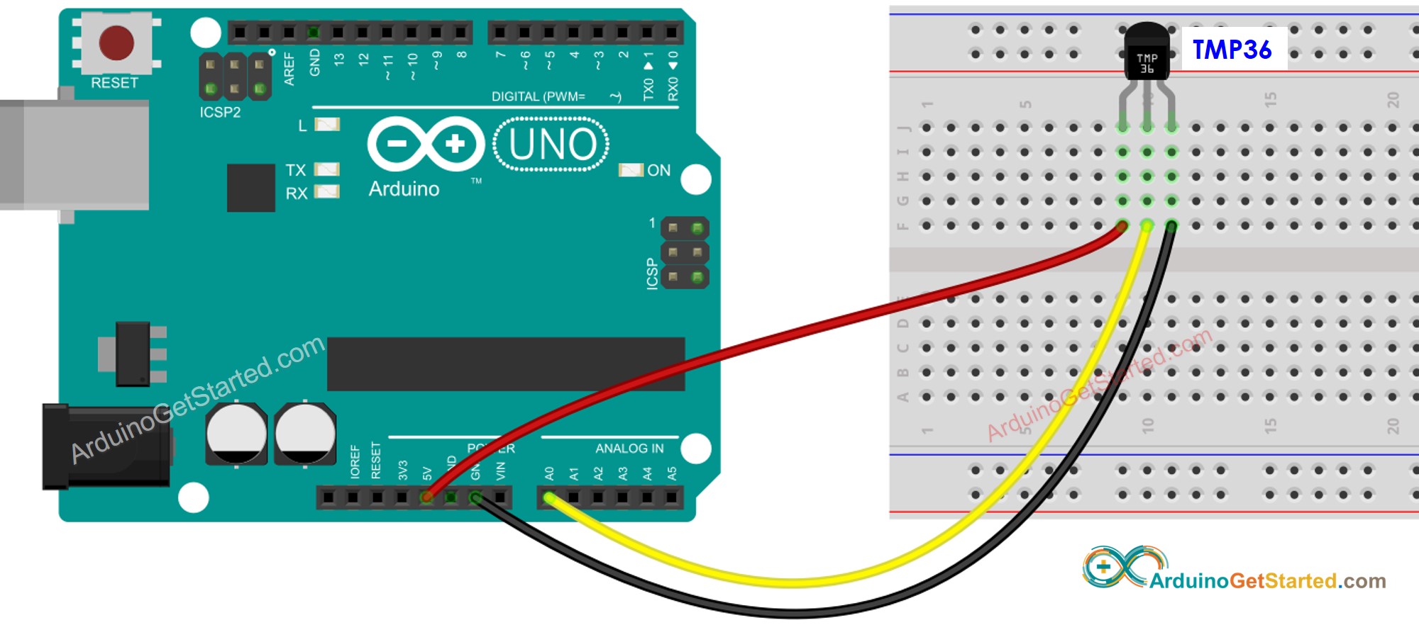 Arduino TMP36 temperatuursensor Bedradingsschema