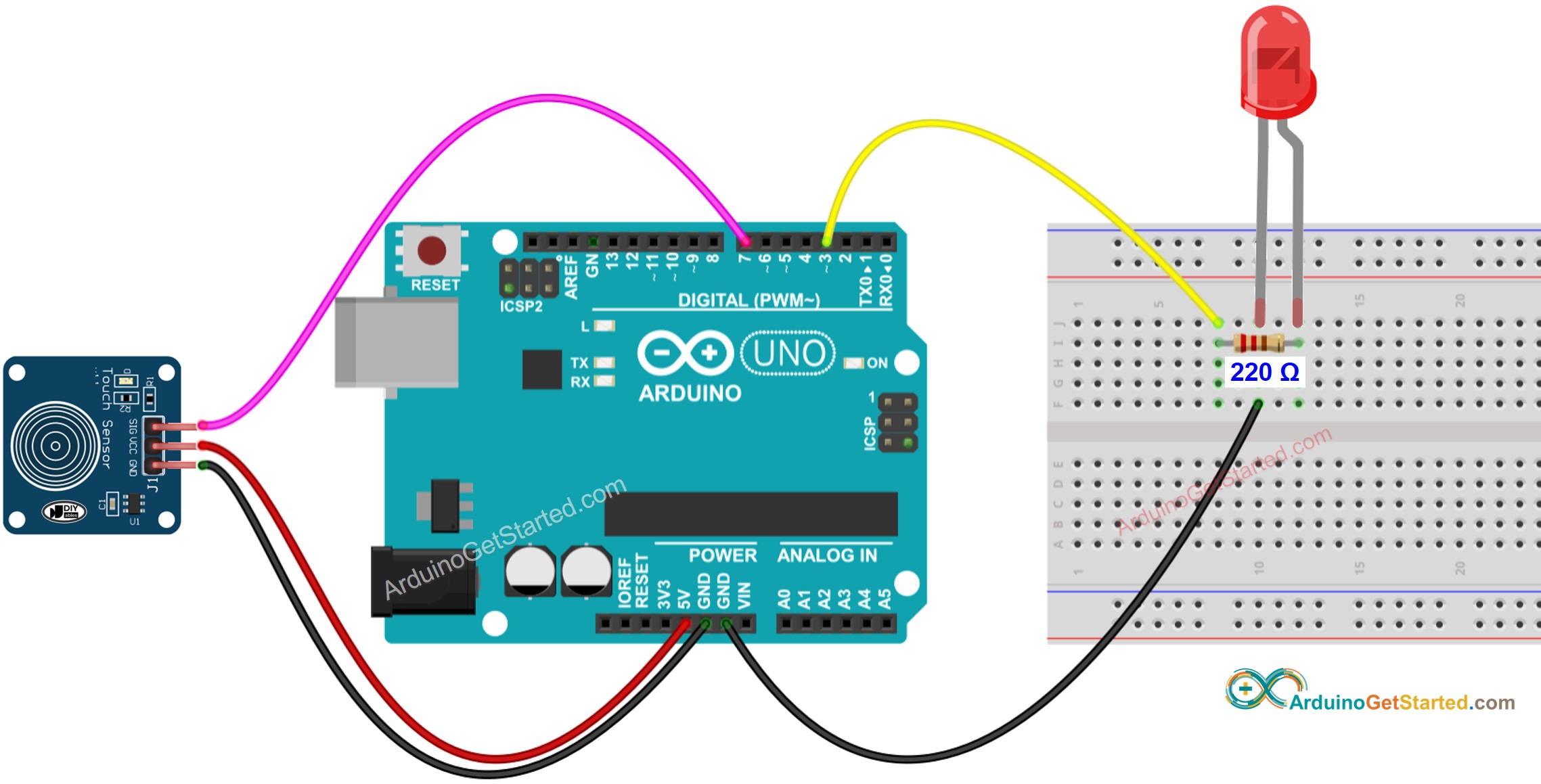 Arduino Touch Sensor LED Bedradingsschema