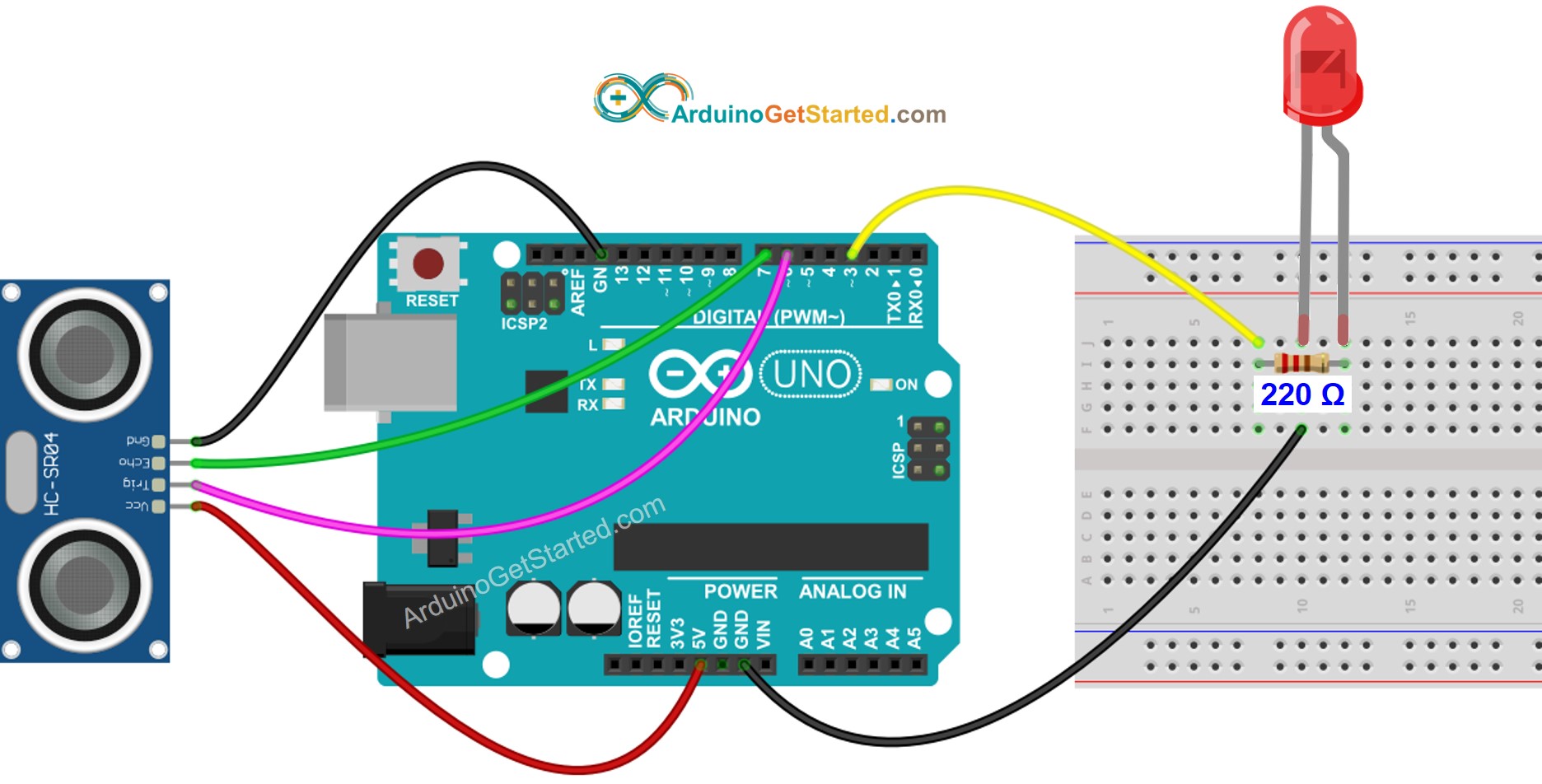 Arduino Ultrageluid Sensor LED Aansluitschema