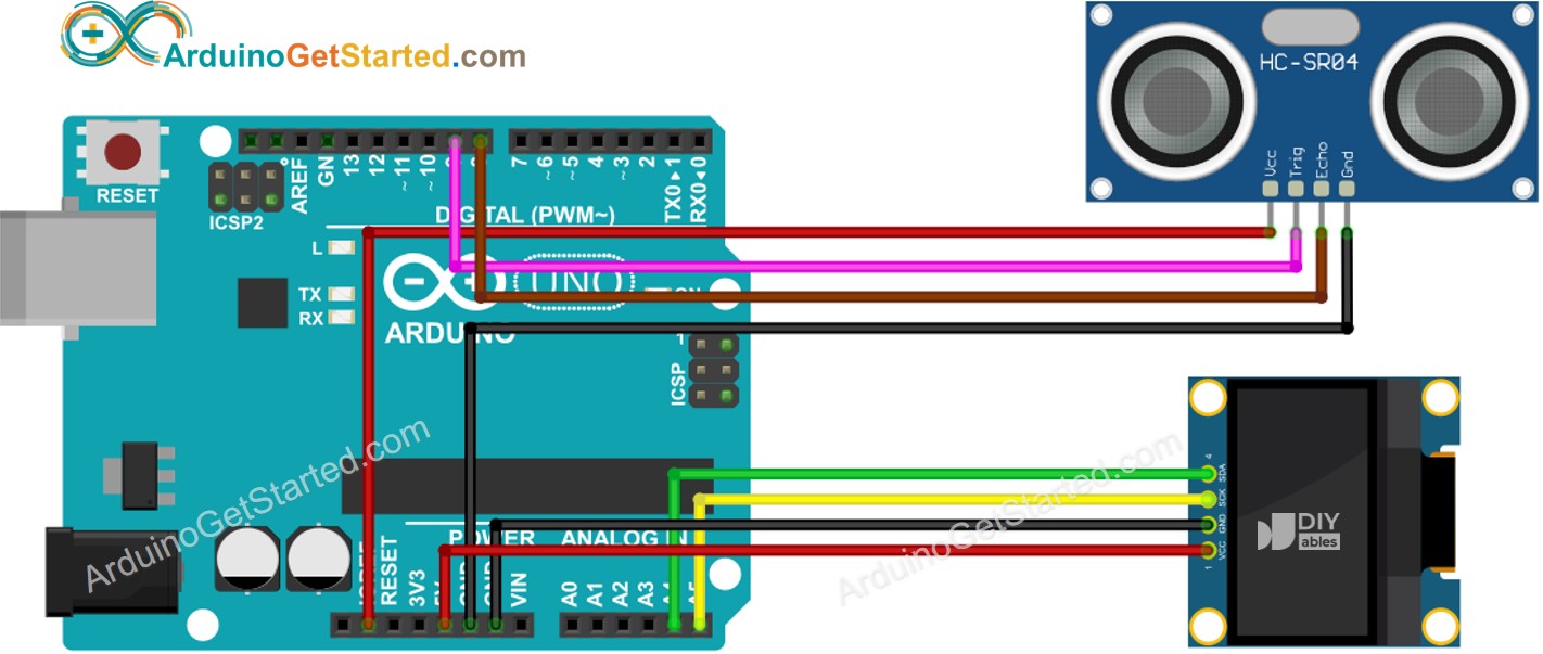 Arduino Ultrasone Sensor OLED Aansluitschema