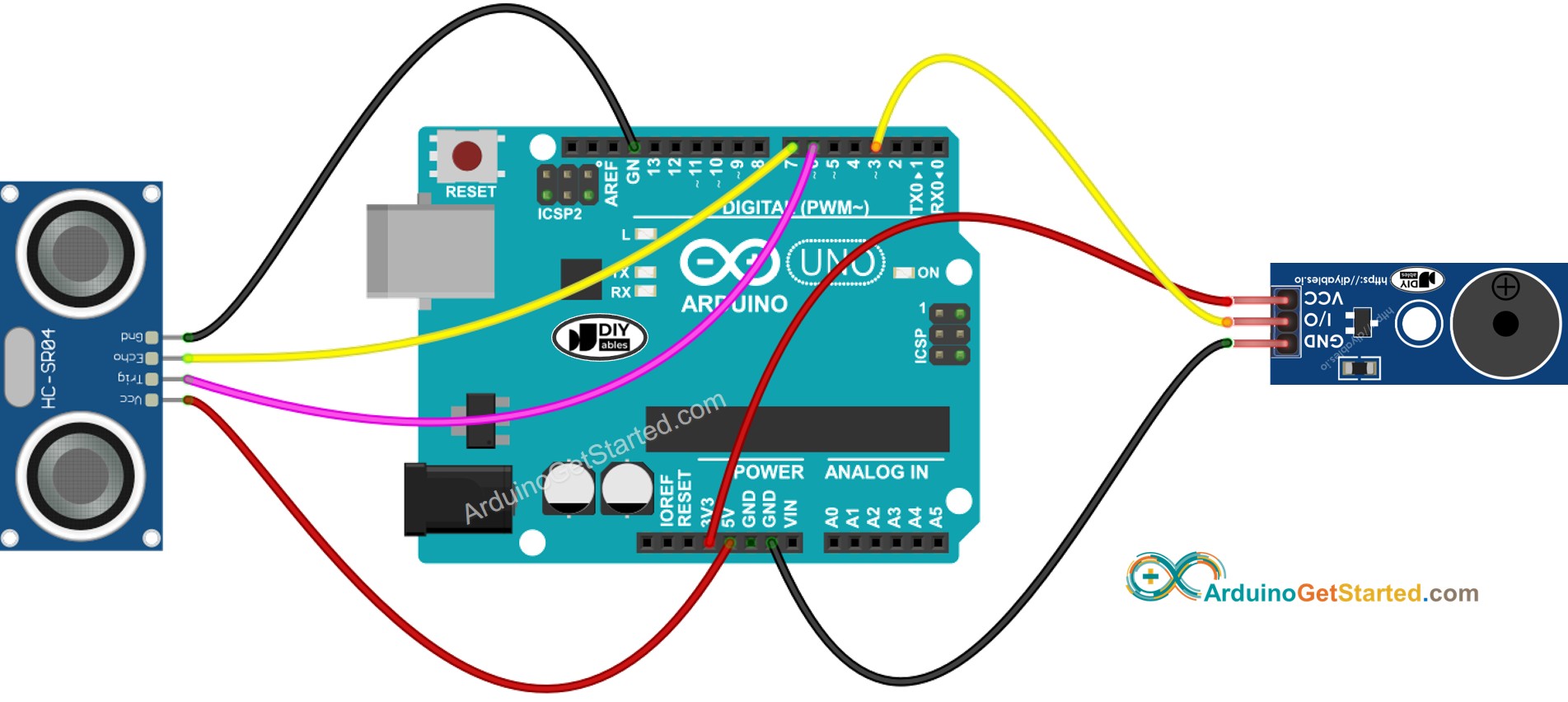Arduino ultrasone sensor piezo buzzer module bedradingsschema