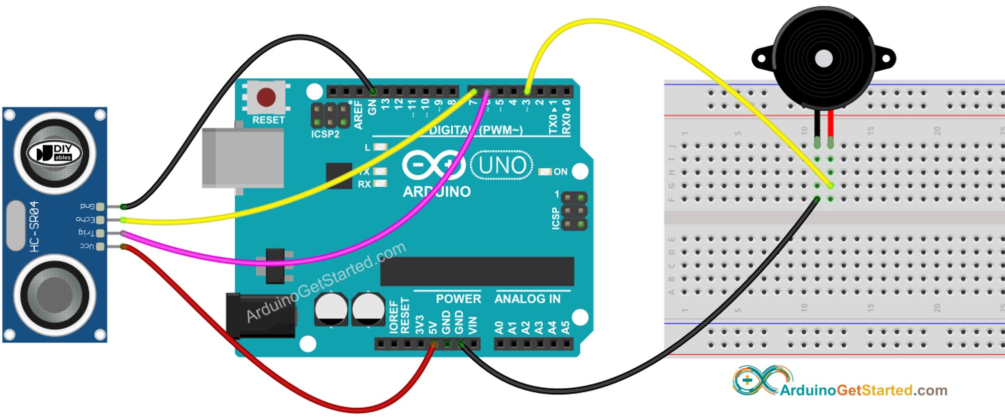 Arduino ultrasone sensor piezo buzzer bedradingsschema