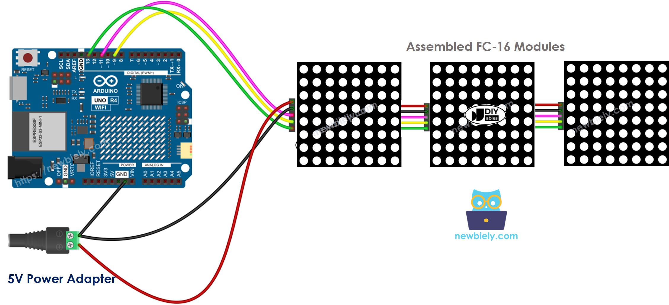 Arduino UNO R4 32x8 LED matrix bedrading FC-16 schema