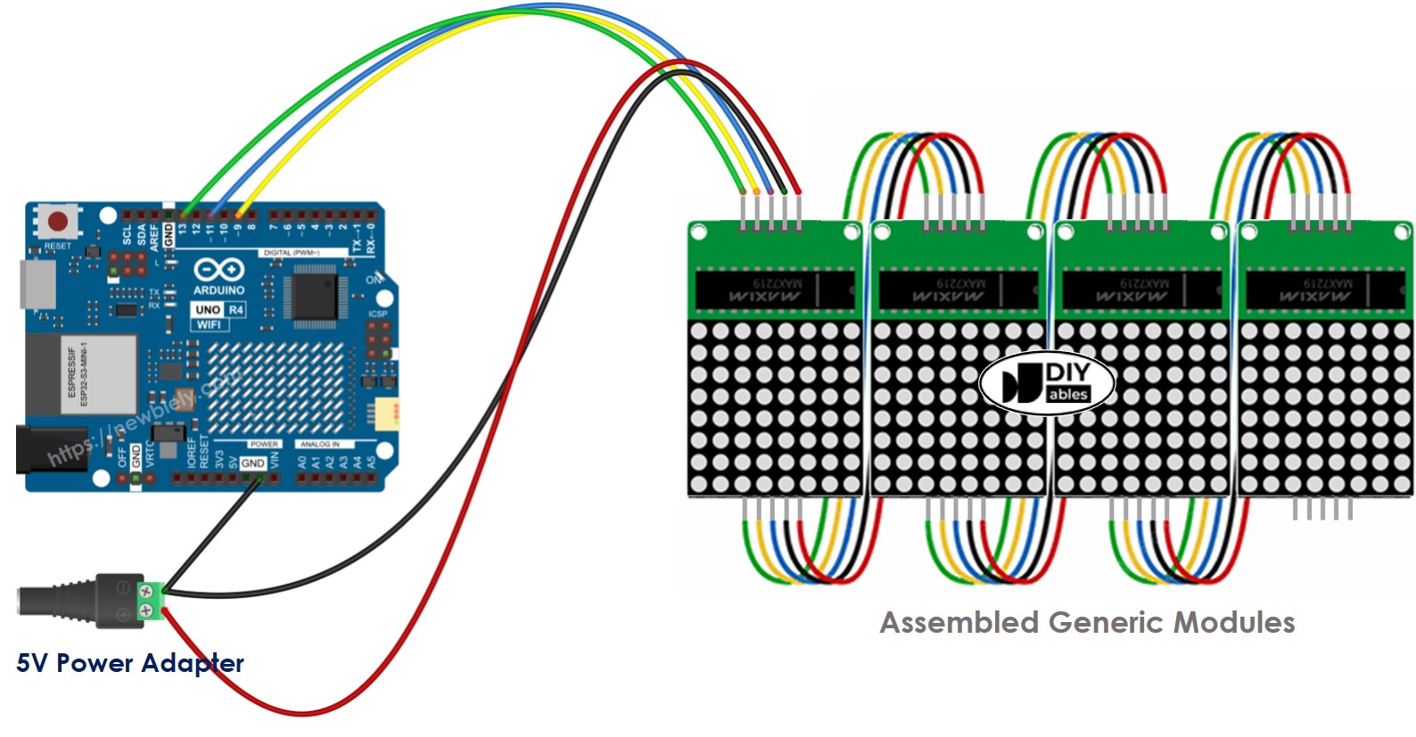 Arduino UNO R4 32x8 LED matrix bedrading generiek schema