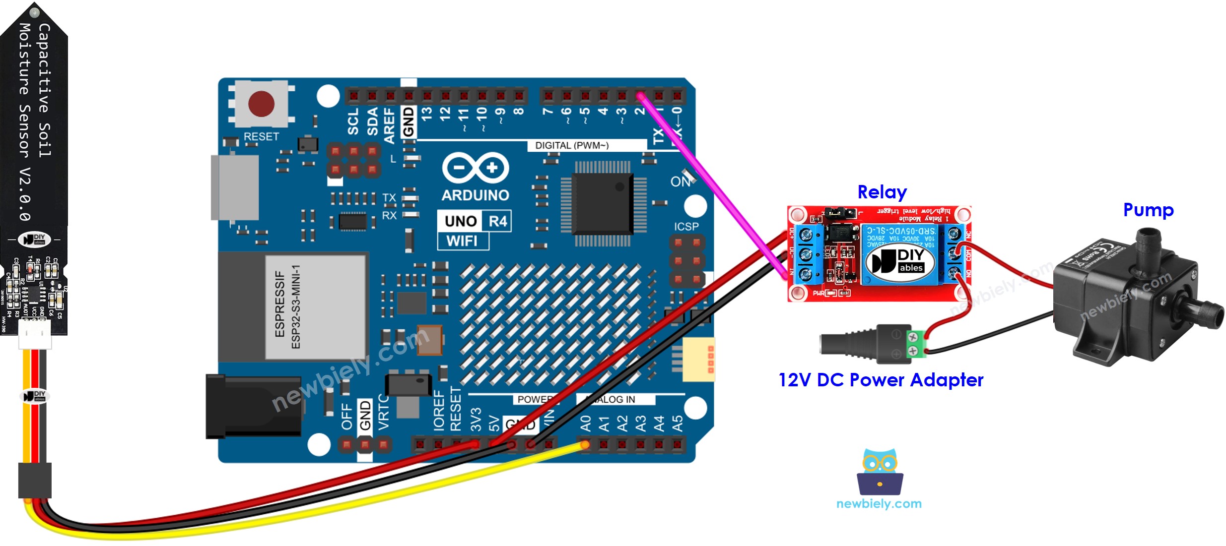 Arduino UNO R4 bodemvochtsensor Pomp Bedradingsschema