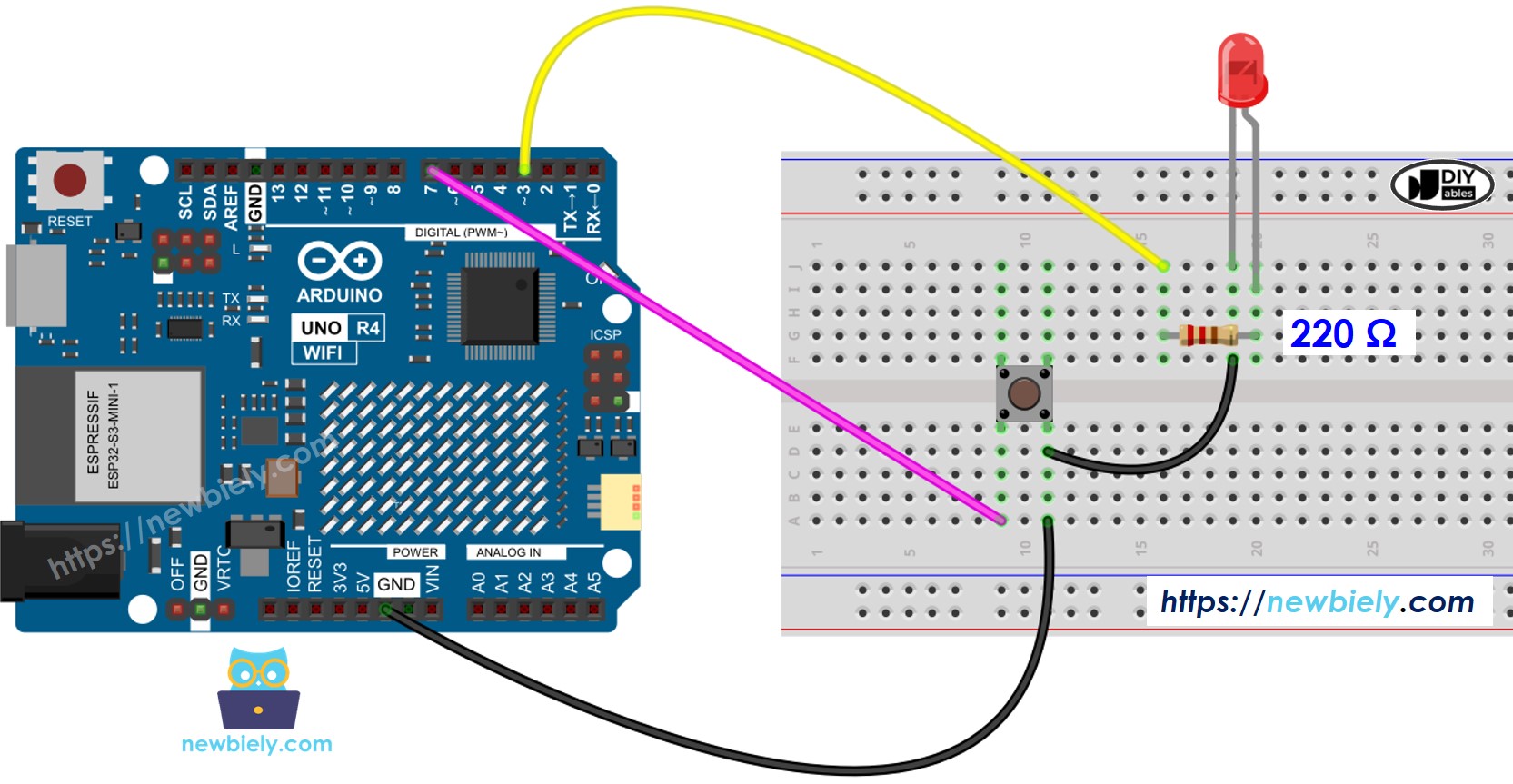 Arduino UNO R4 Button LED wiring diagram