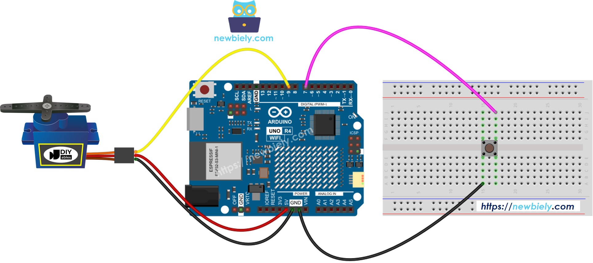 Arduino UNO R4 Knop Servo Motor Bedradingsdiagram