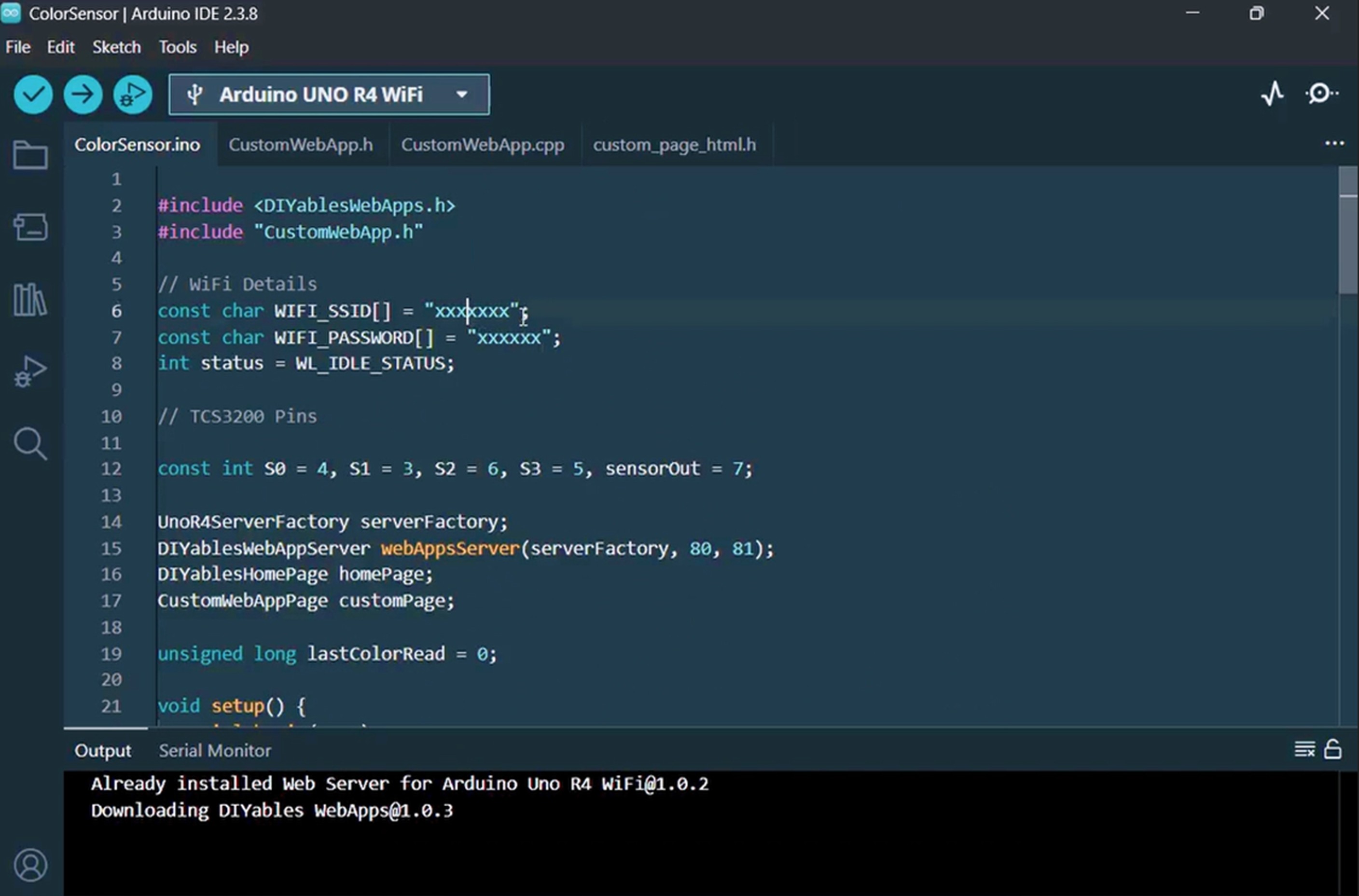 Arduino UNO R4 Kleur Sensor Web App project bestanden in Arduino IDE