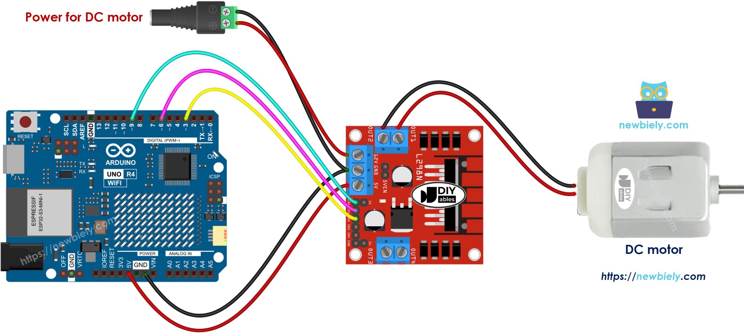 Arduino UNO R4 DC Motor L298N Driver Wiring Diagram