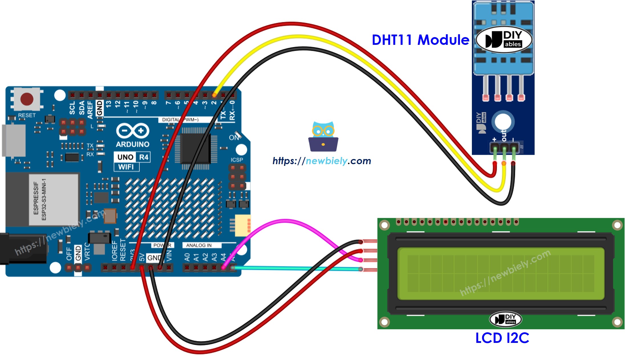 Arduino UNO R4 DHT11 LCD Bedradingsdiagram