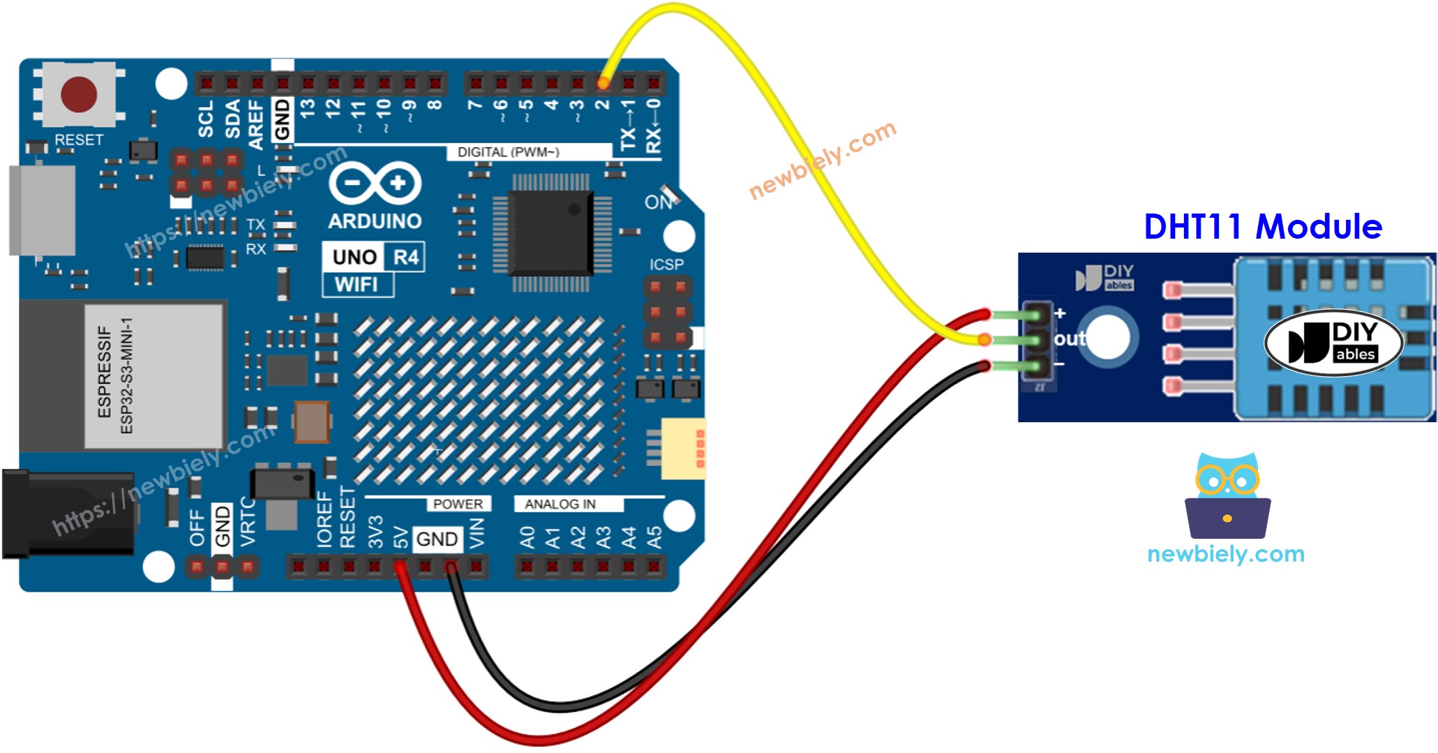 Arduino UNO R4 DHT11 Temperatuur en luchtvochtigheid Module Bekradingsschema