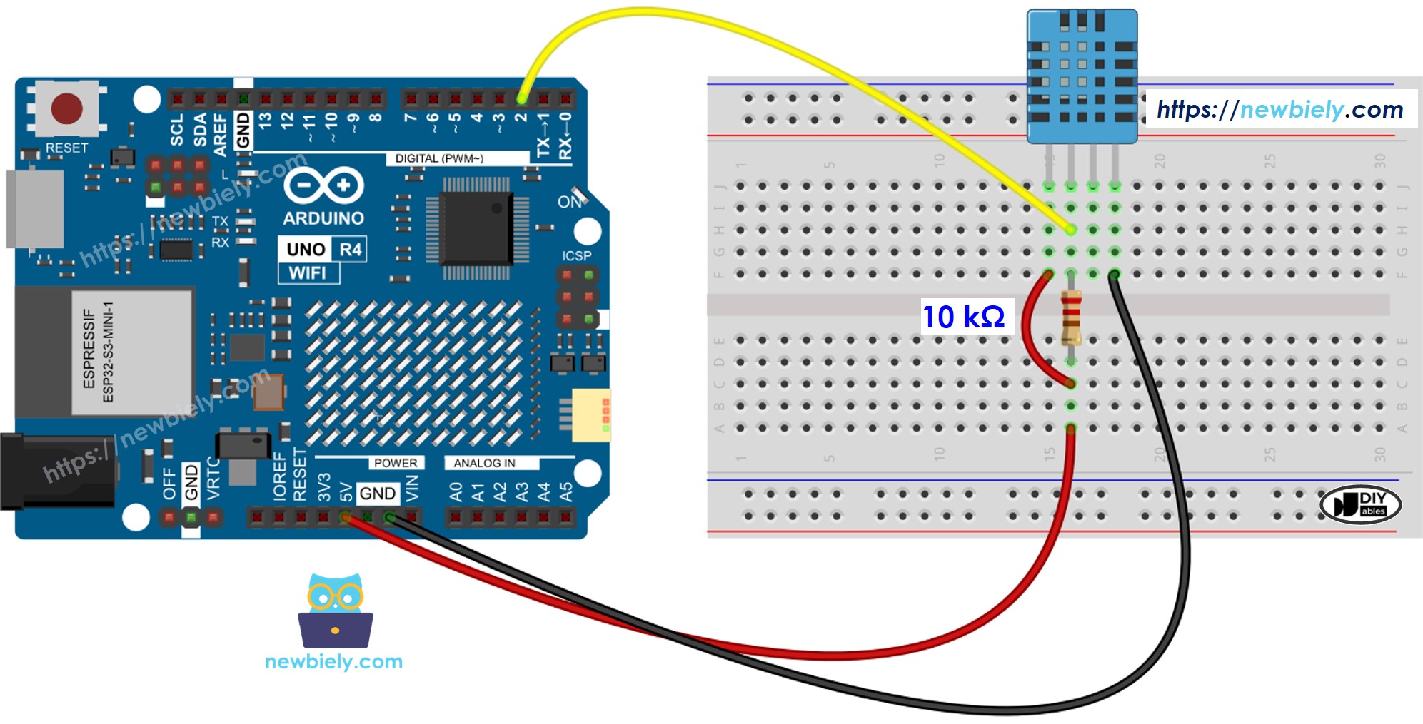 Arduino UNO R4 DHT11 Temperatuur en luchtvochtigheid Sensor Bekradingsschema