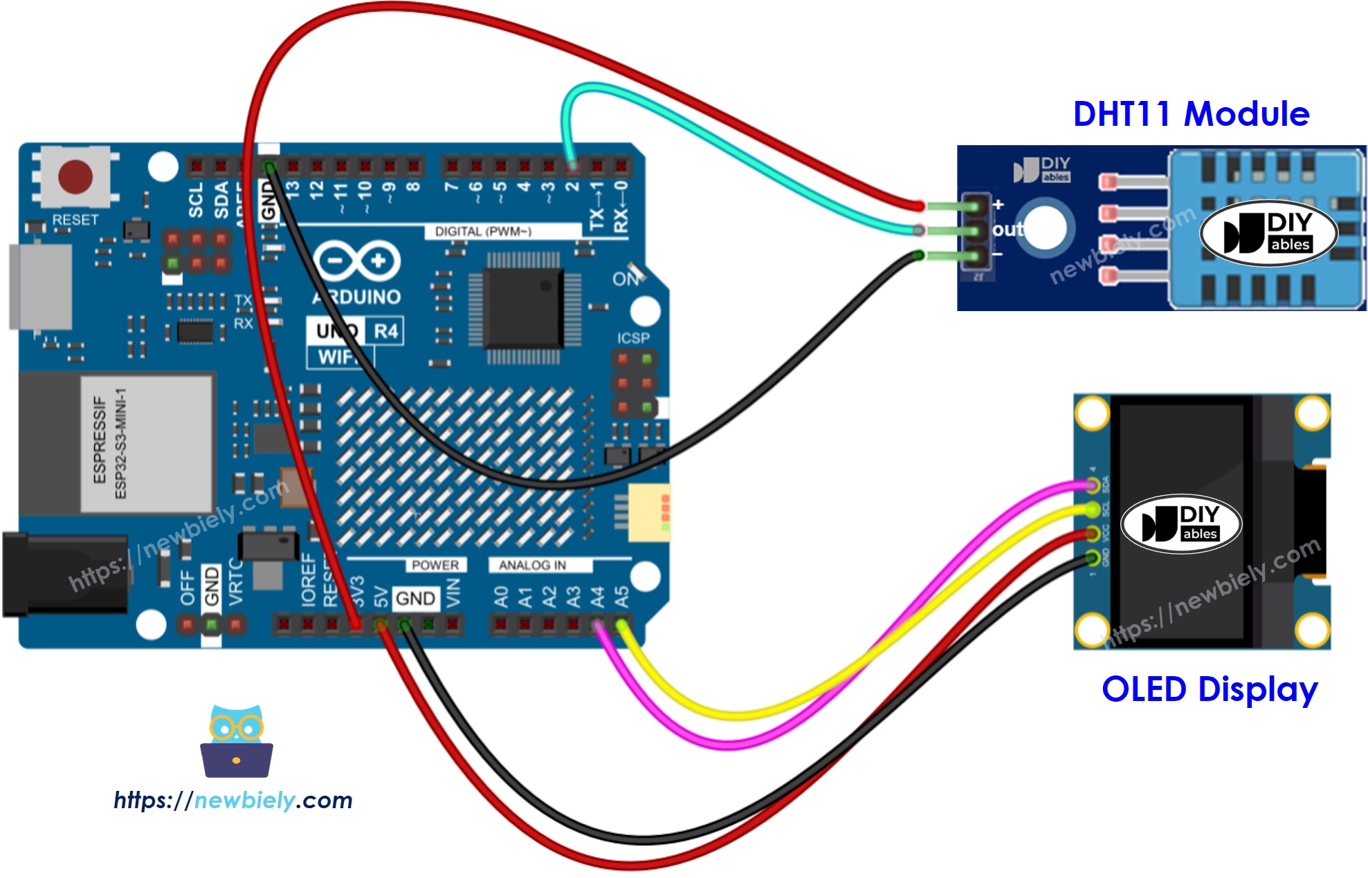 Arduino UNO R4 DHT11 temperatuur vochtigheid sensor module OLED Bedradingsschema