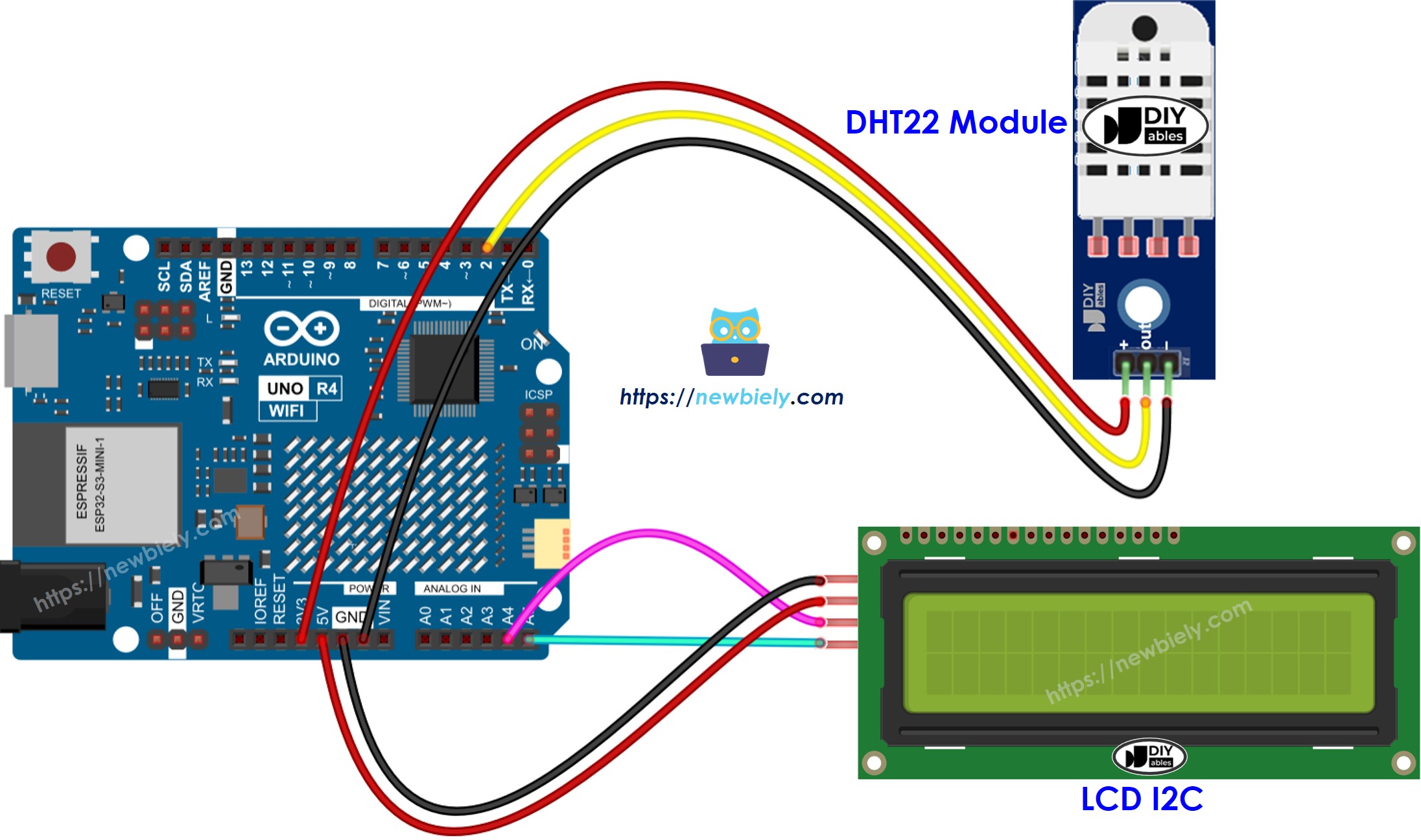 Arduino UNO R4 DHT22 LCD Bedradingsschema