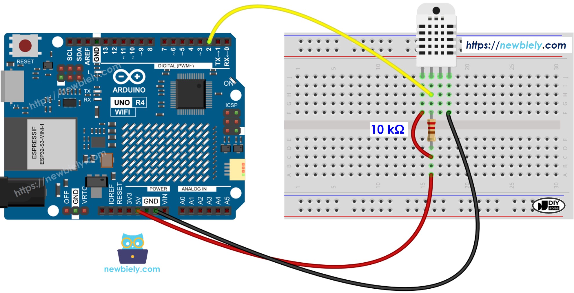 Arduino UNO R4 DHT22 Temperature and humidity Sensor Wiring Diagram