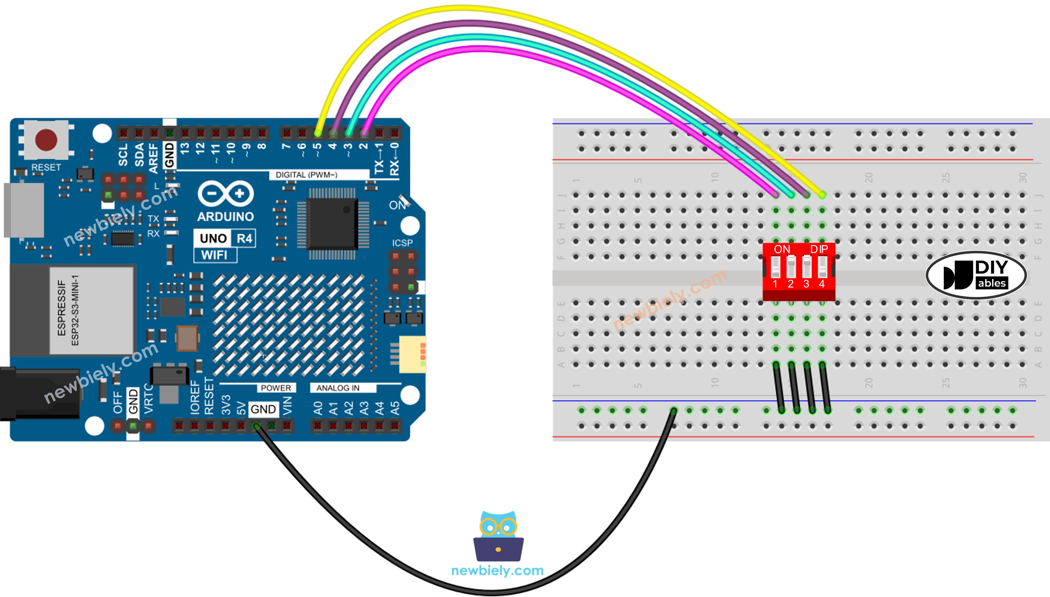 Arduino UNO R4 DIP switch Bedradingsschema
