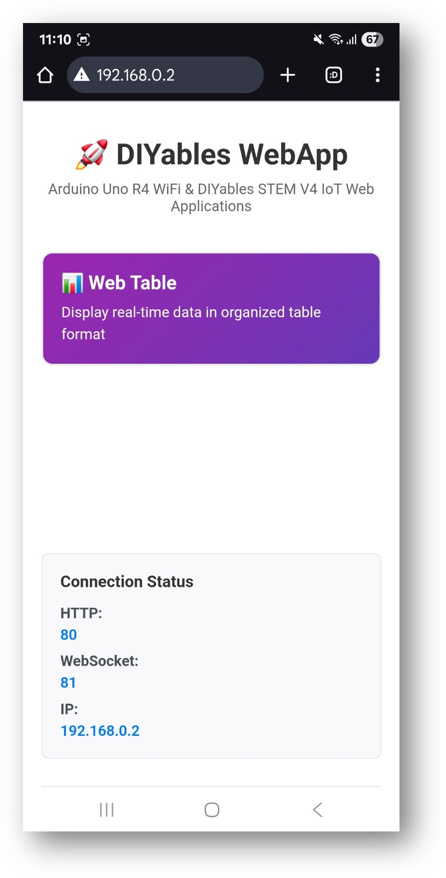 Arduino UNO R4 DIYables WebApp Homepagina met Web Table app