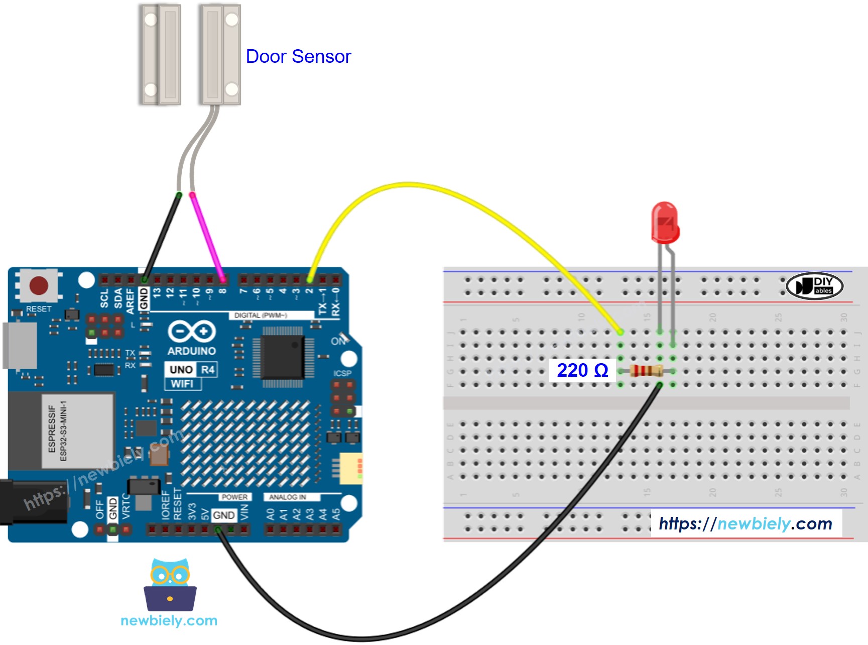 Arduino UNO R4 deur sensor LED bedradingsschema