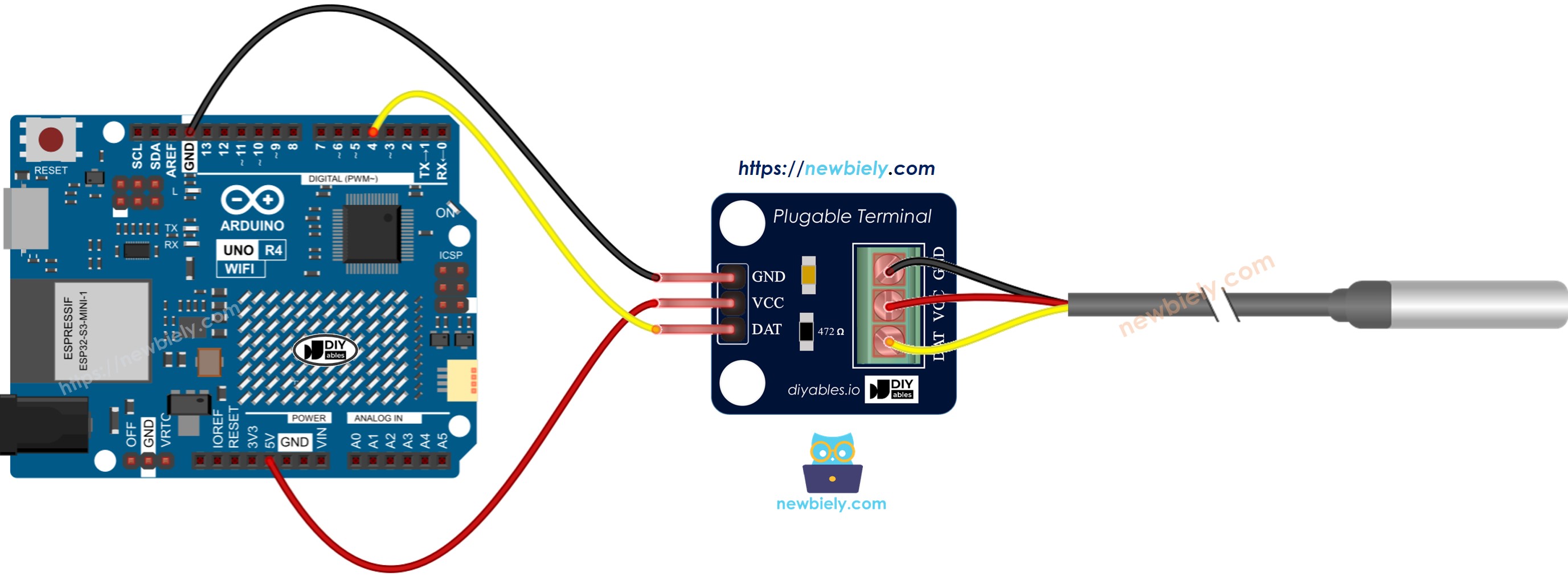 Arduino UNO R4 DS18B20 Bedradingsschema