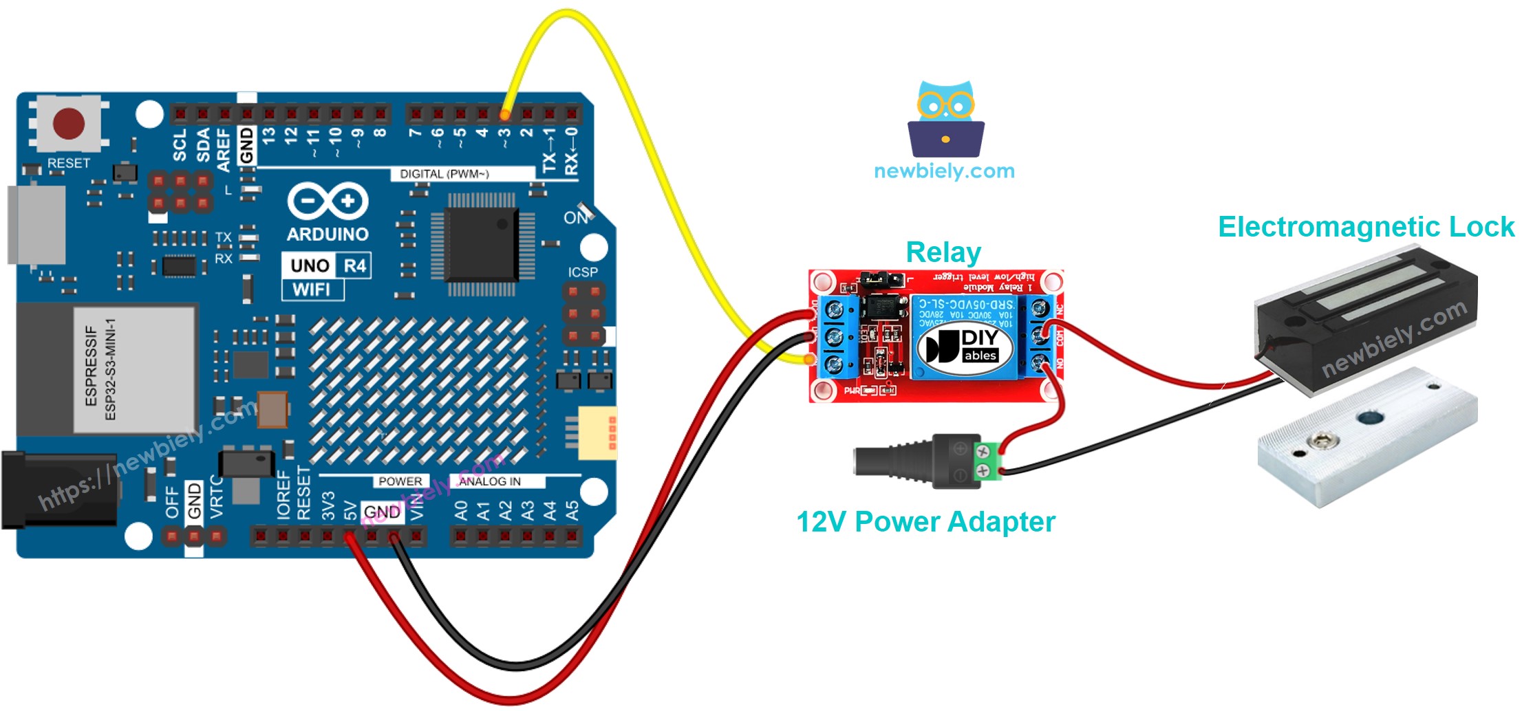 Arduino UNO R4 Elektromagnetisch Slot Bedradingsschema