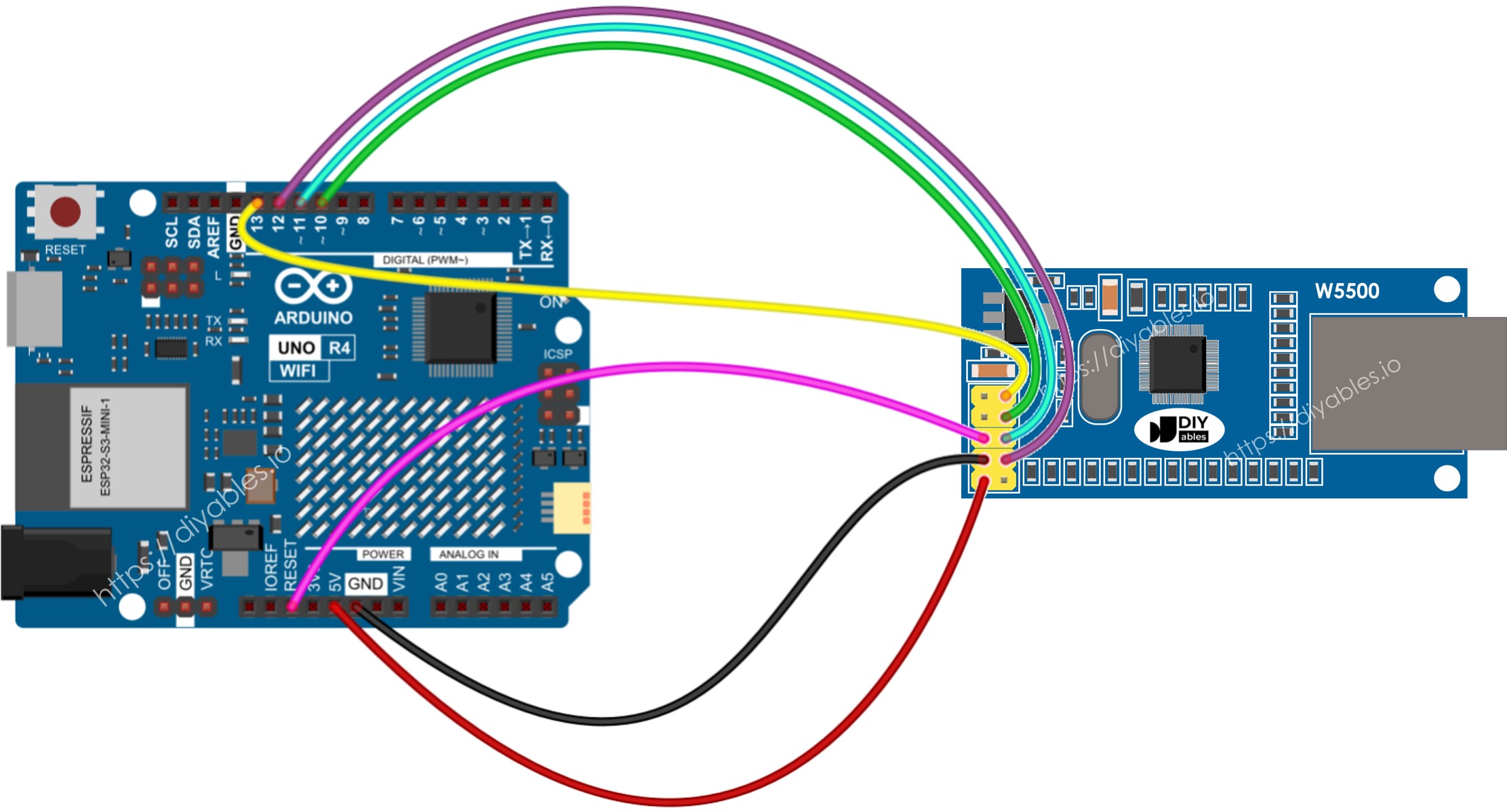 Arduino UNO R4 Ethernet module Bedradingsdiagram
