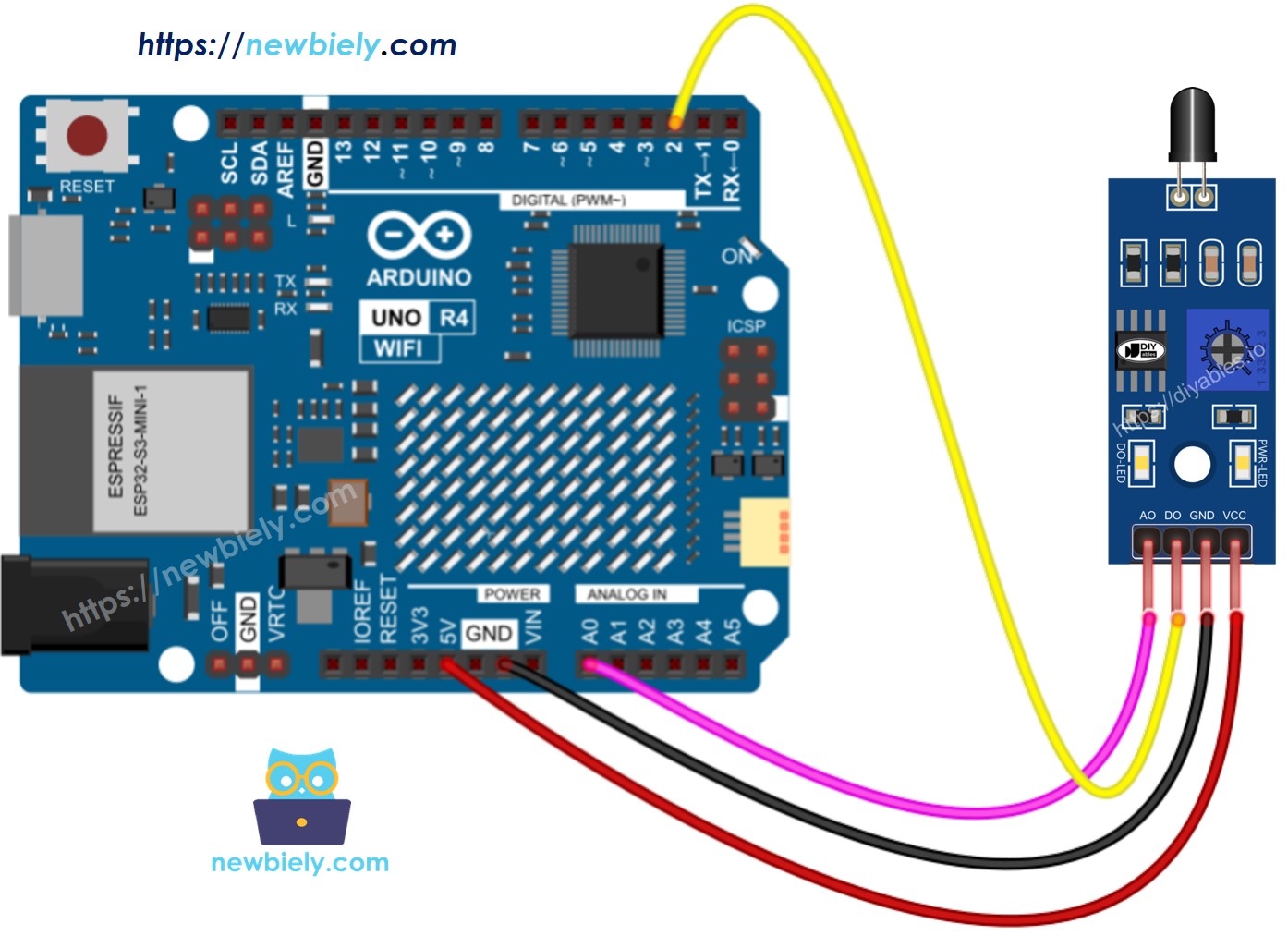 Arduino UNO R4 Flame Sensor wiring diagram