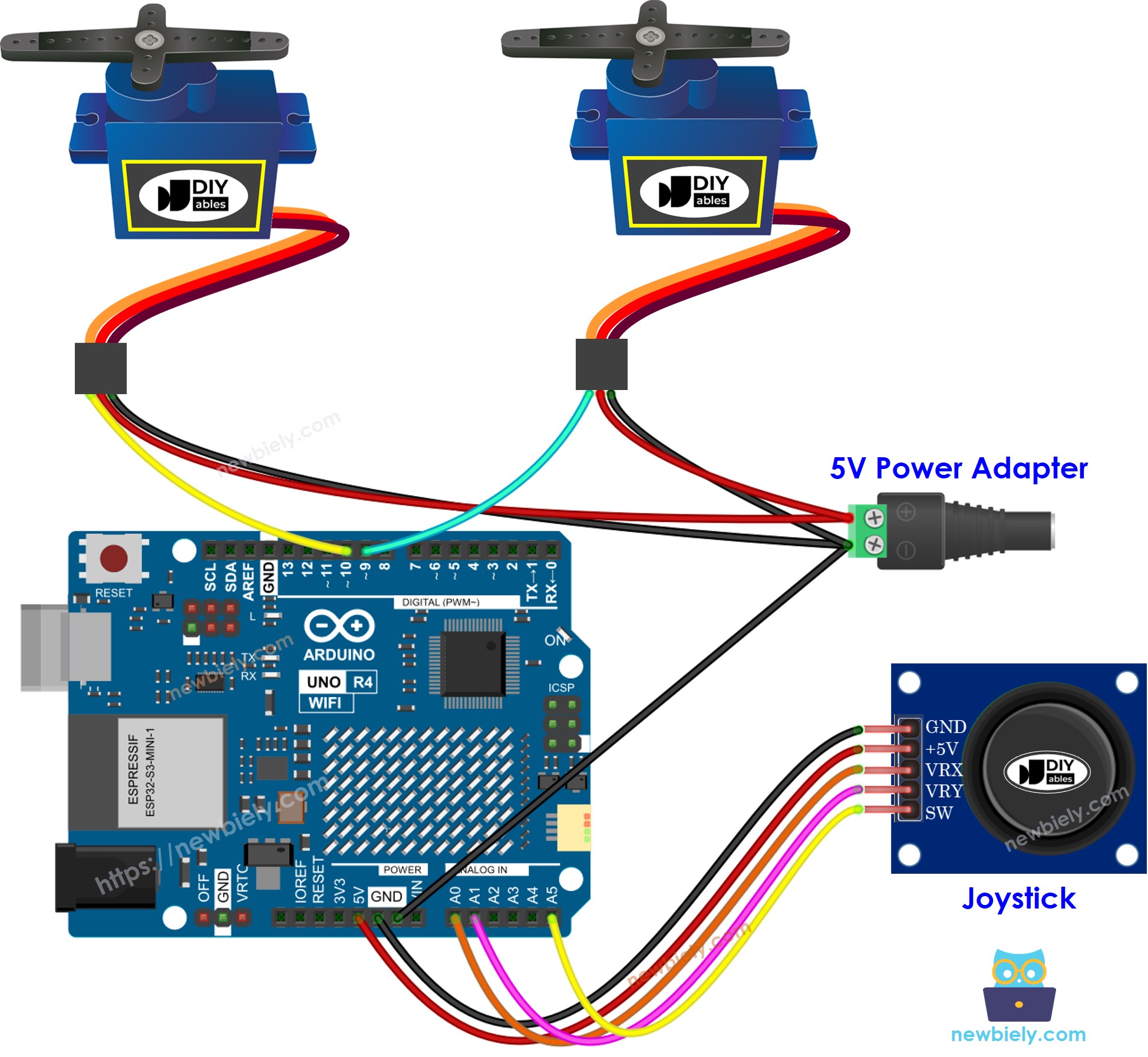 Arduino UNO R4 Joystick Servo Motor Bedradingsschema
