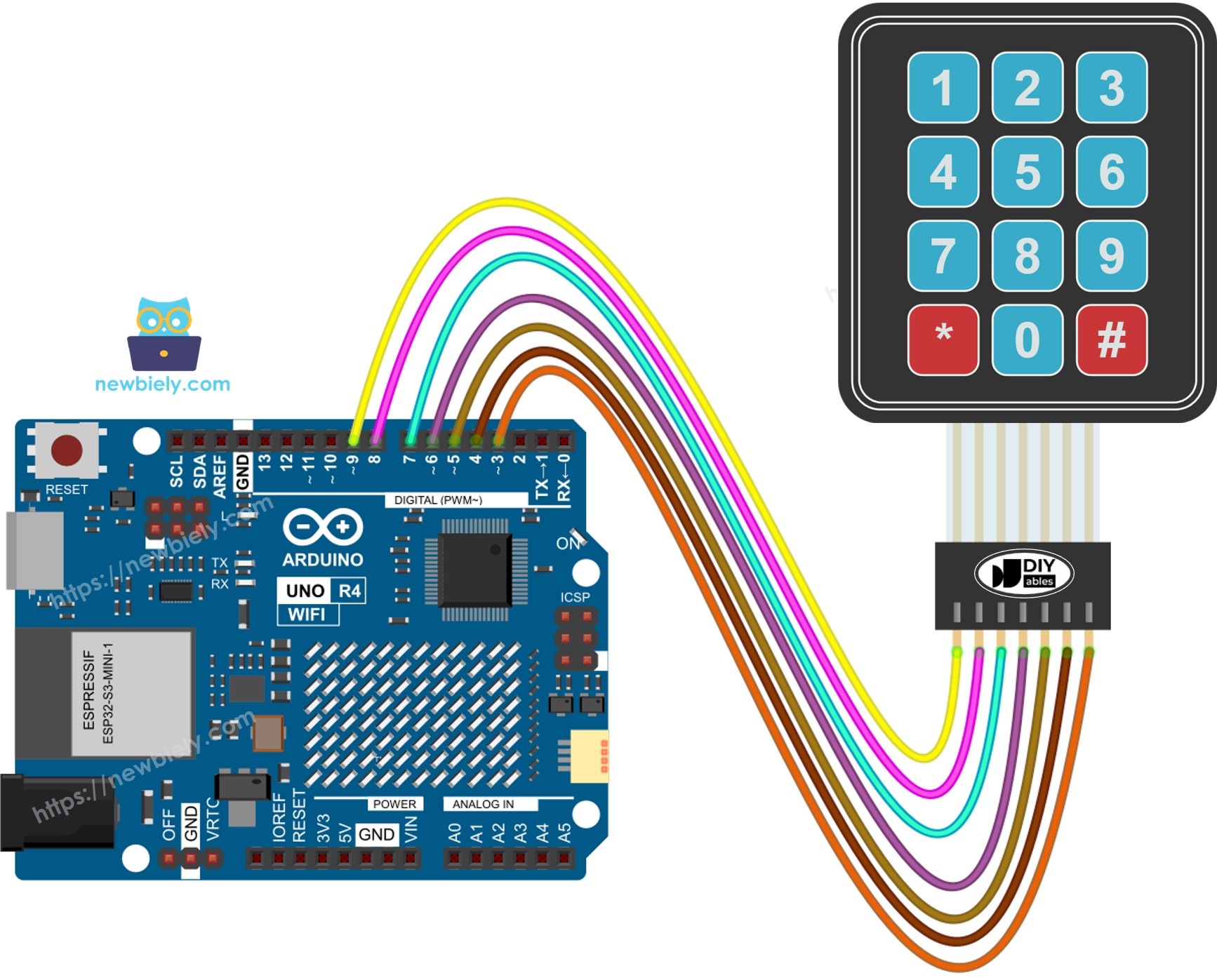 Arduino UNO R4 Keypad 3x4 Bedradingsschema