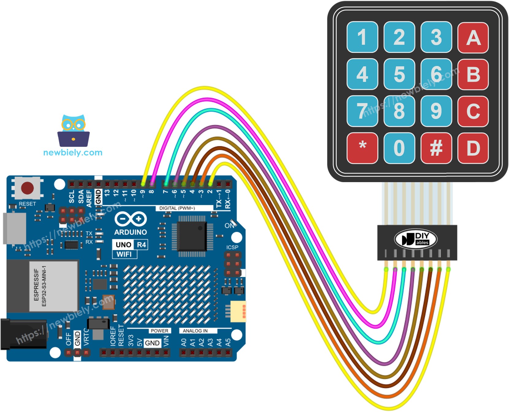 Arduino UNO R4 Keypad 4x4 Bedradingsdiagram