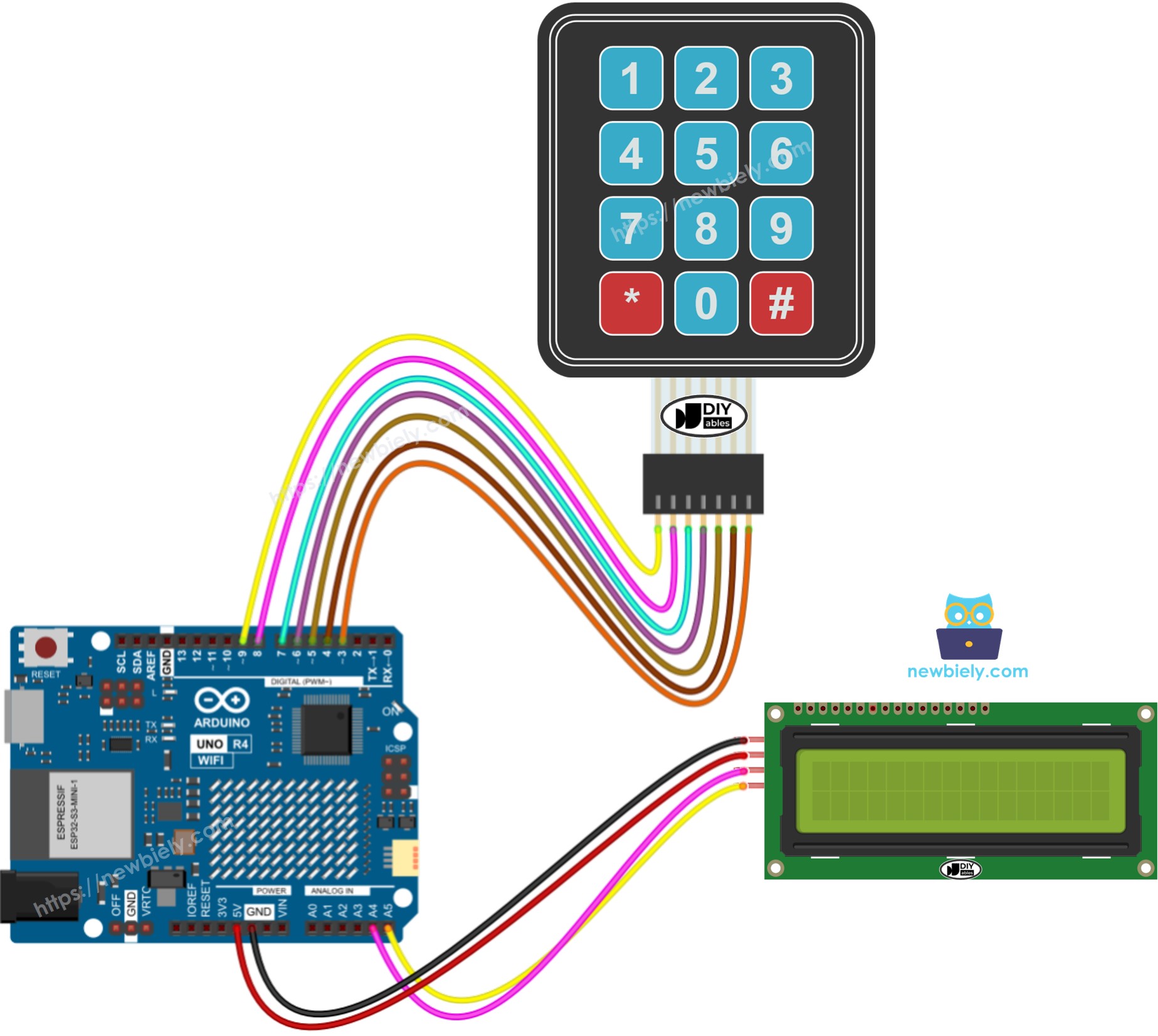 Arduino UNO R4 Keypad LCD Bedradingsschema