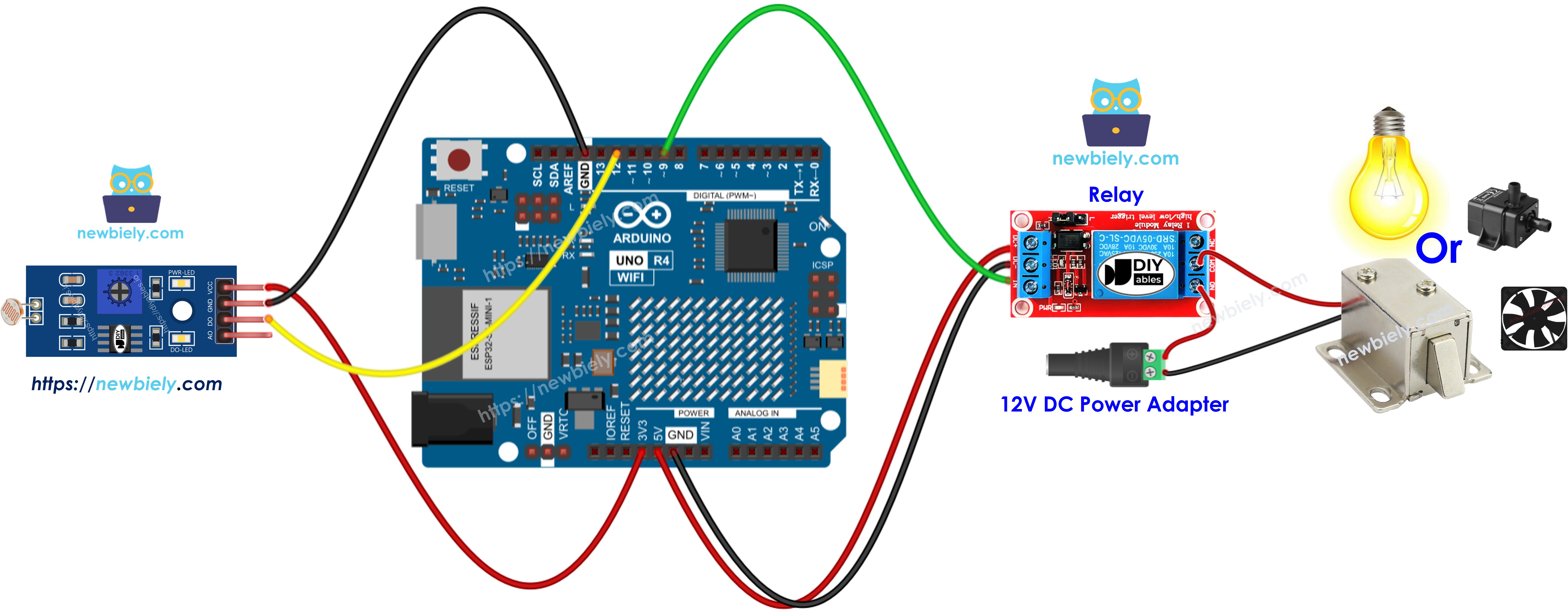 Arduino UNO R4 LDR Lichtsensormodule relais Bedradingsdiagram