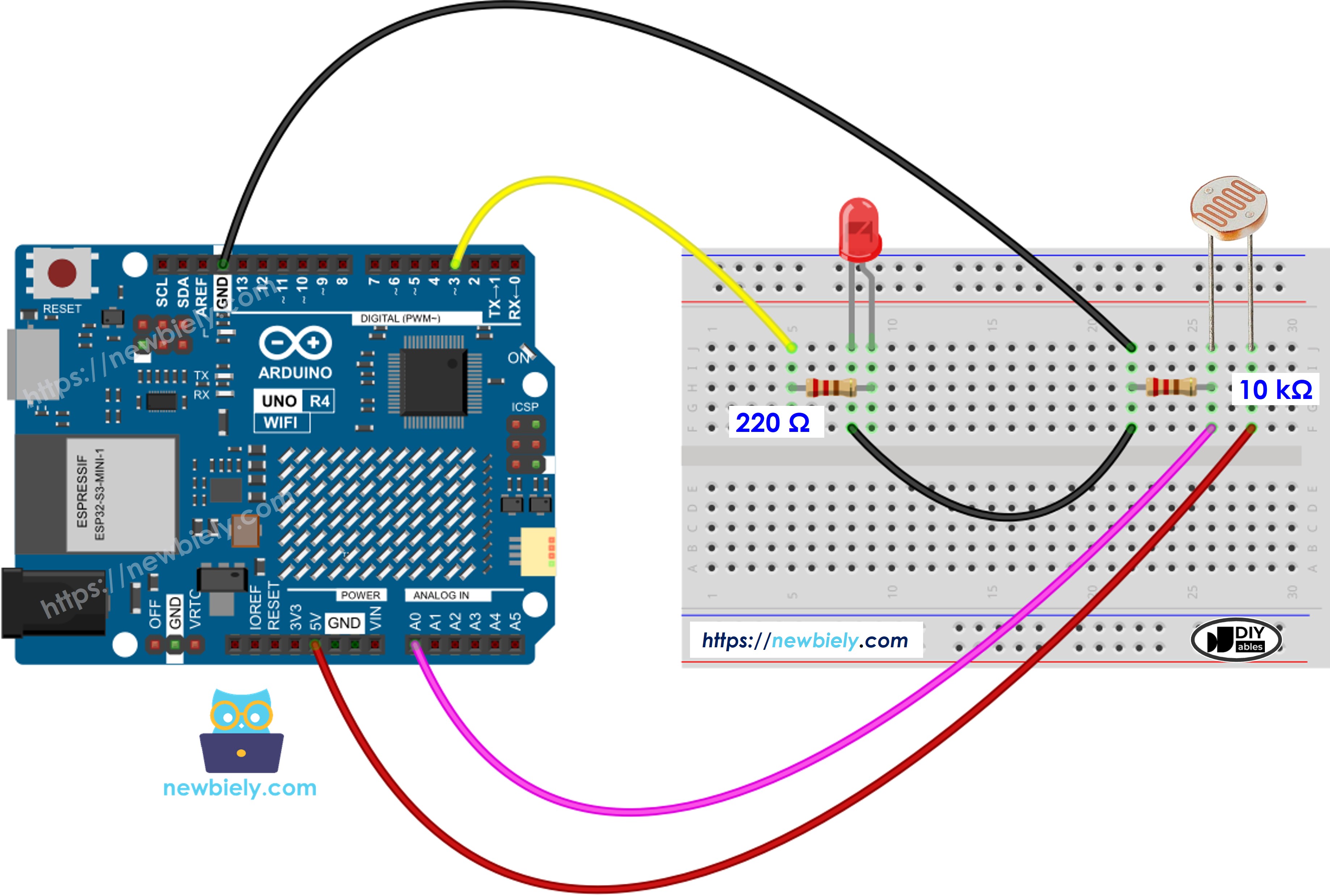 Arduino UNO R4 Lichtsensor LED Bedradingsschema