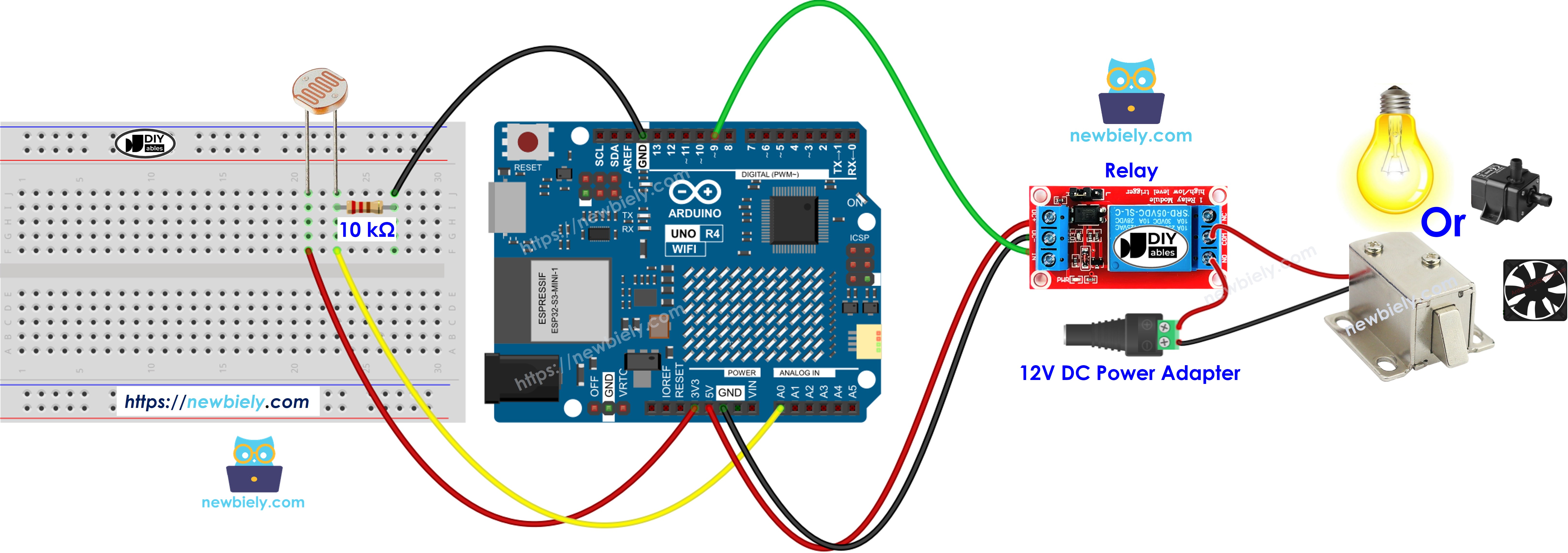 Arduino UNO R4 Lichtsensor Relais Bedradingsdiagram