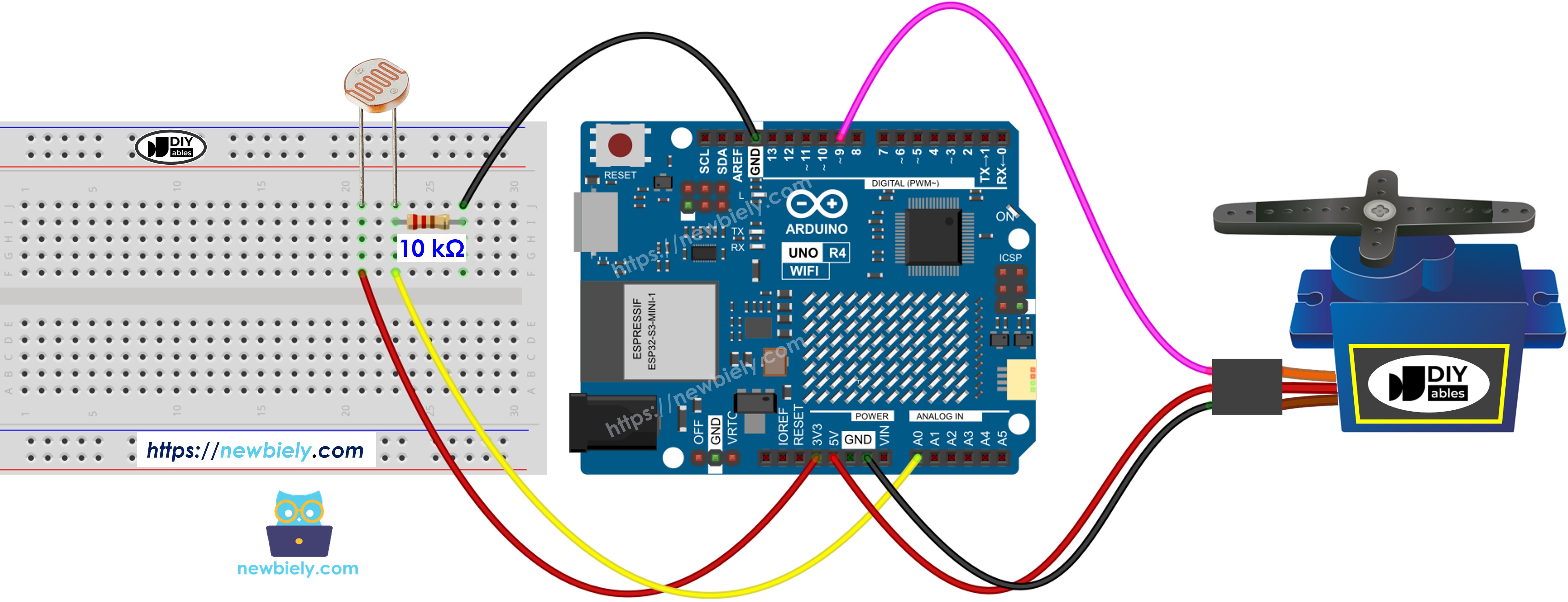 Arduino UNO R4 Lichtsensor Servomotor Bedradingsschema