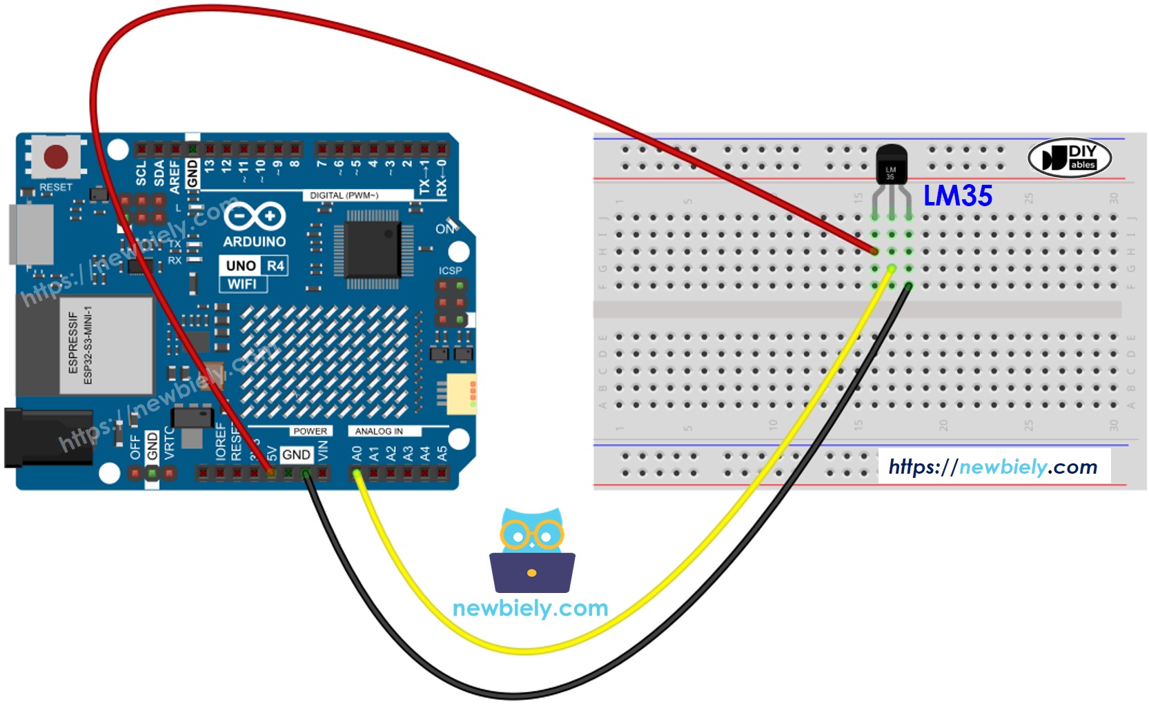 Arduino UNO R4 LM35 temperatuursensor Bedradingsschema