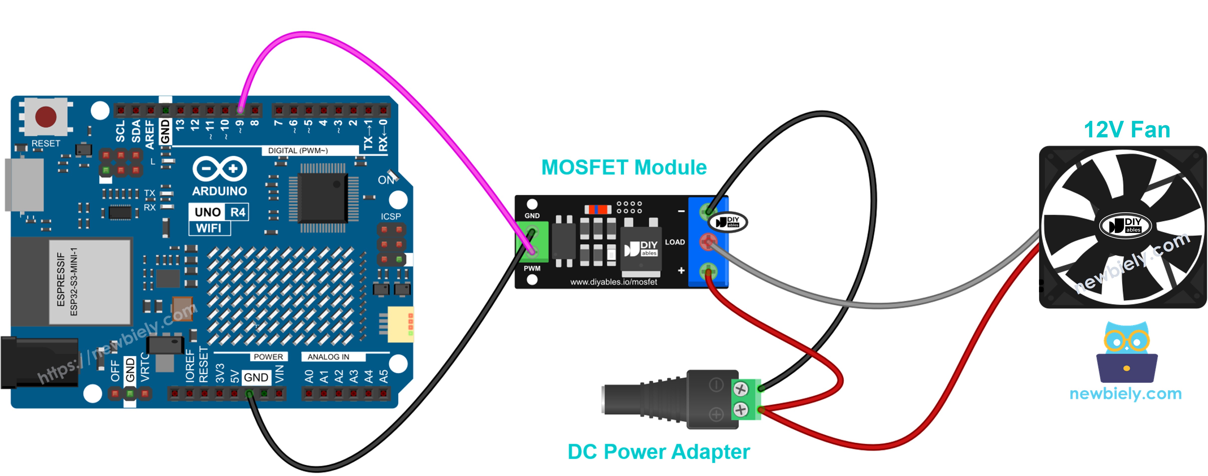 Bedrading van de Arduino UNO R4 MOSFET-module met een 12V koelventilator