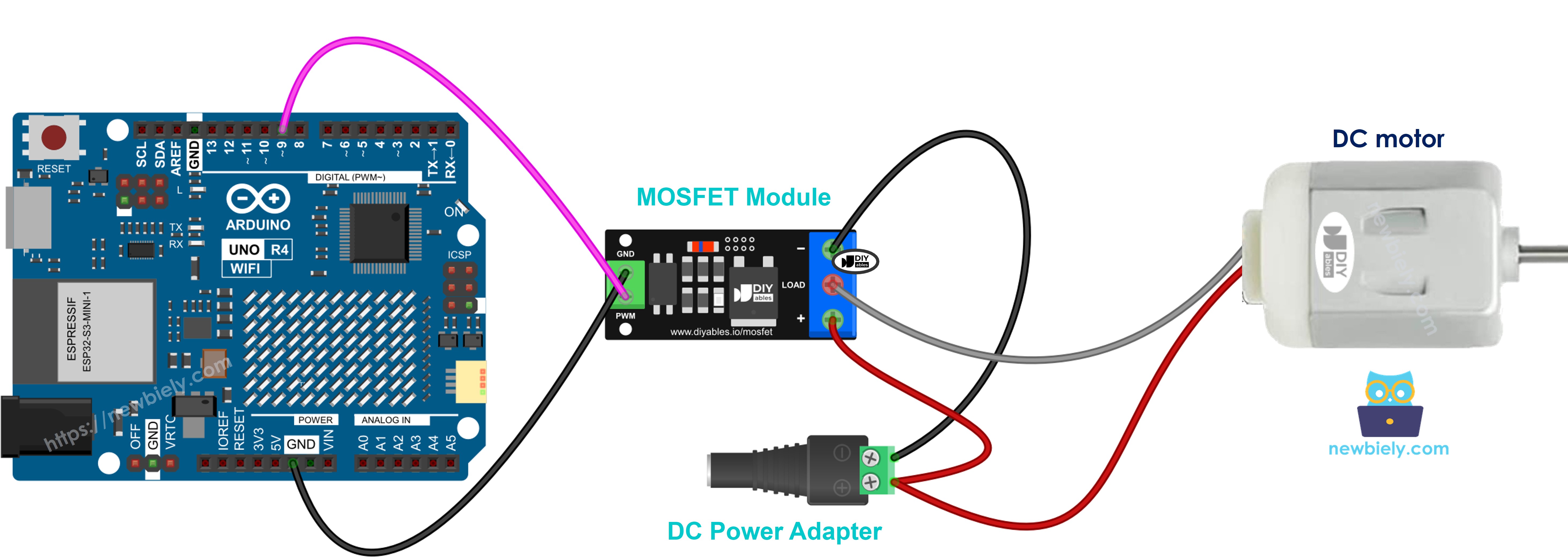 Bedrading van een 12V DC motor en MOSFET-module