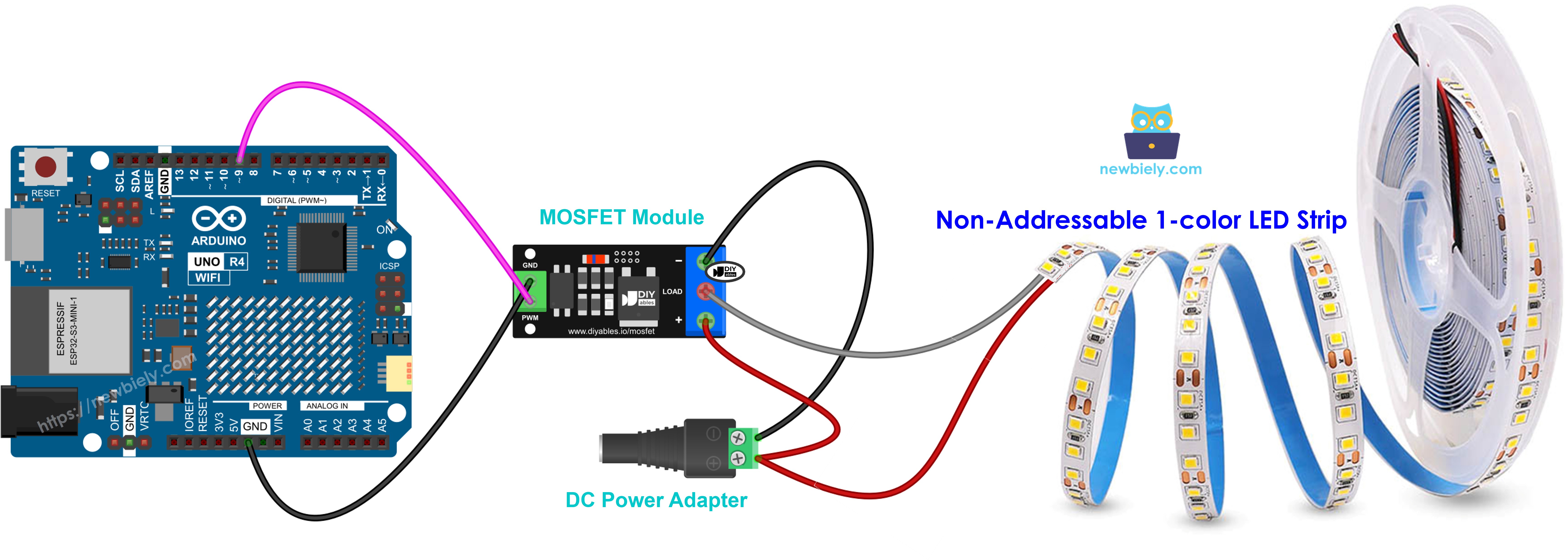 12V enkelkleurige LED-strip aangesloten op de MOSFET-module