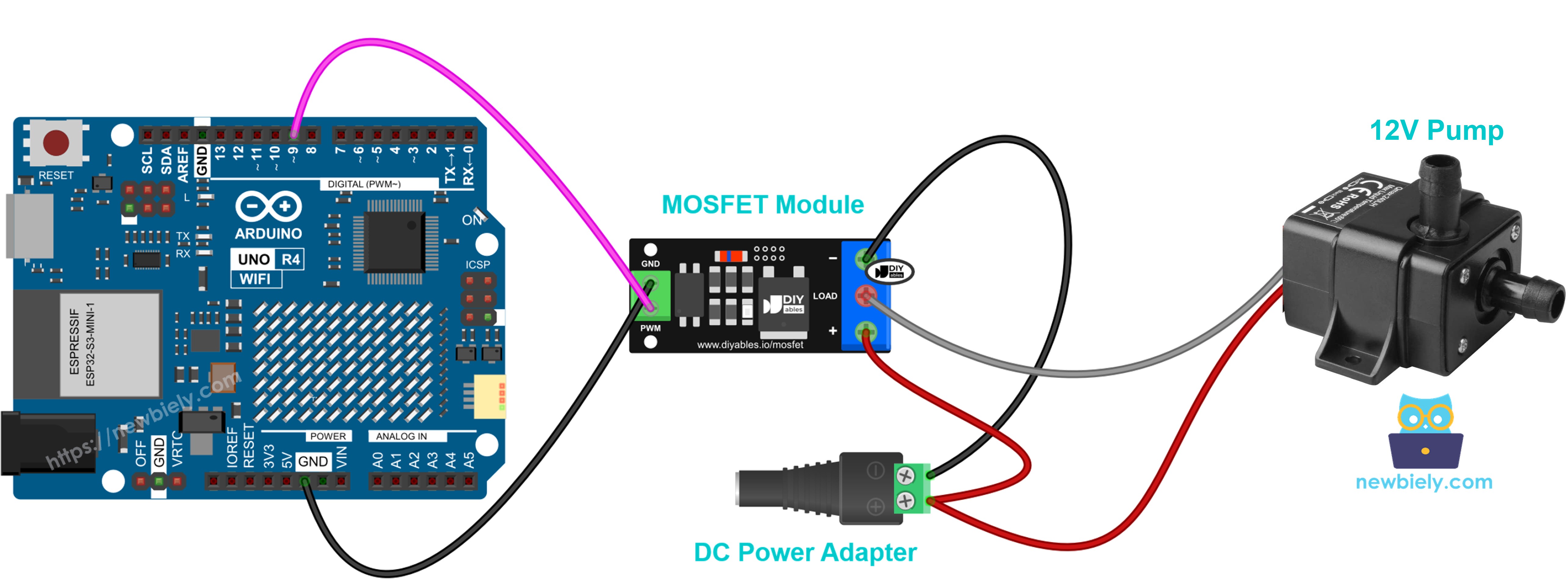 12V waterpomp aangesloten op de MOSFET-module
