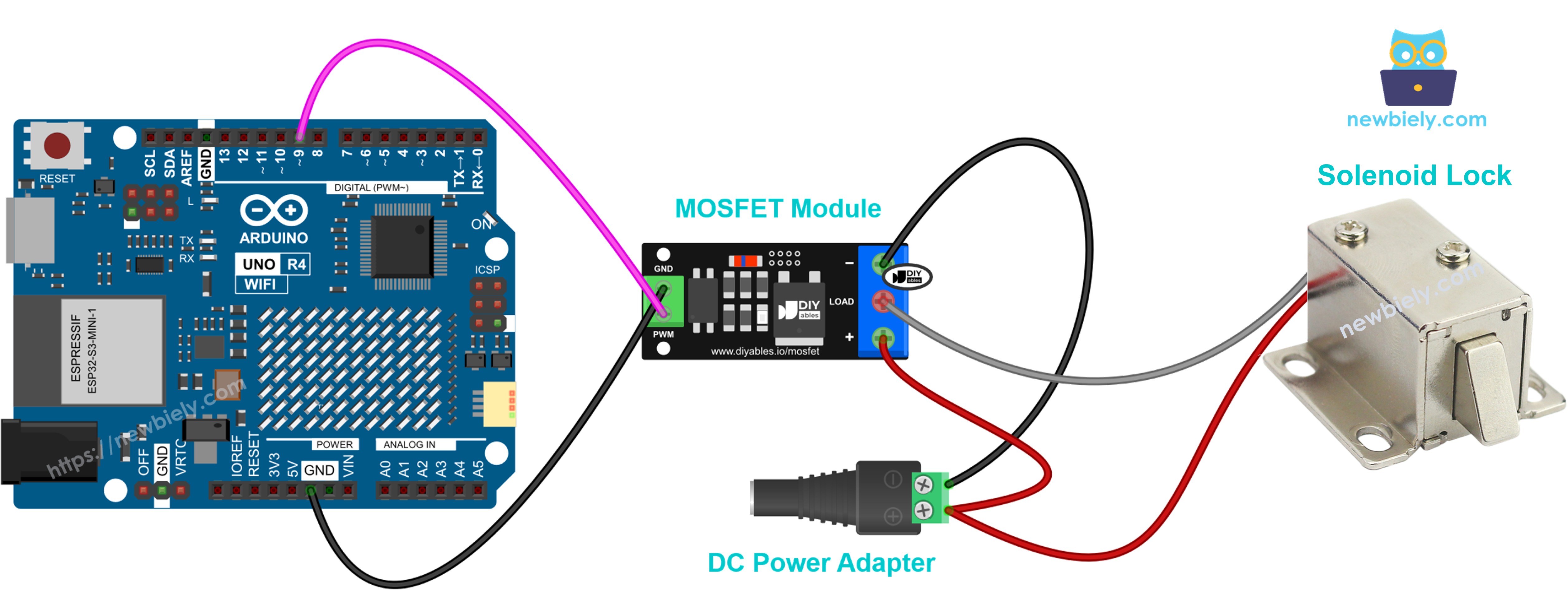 12V solenoïdeslot aangesloten op de MOSFET-module