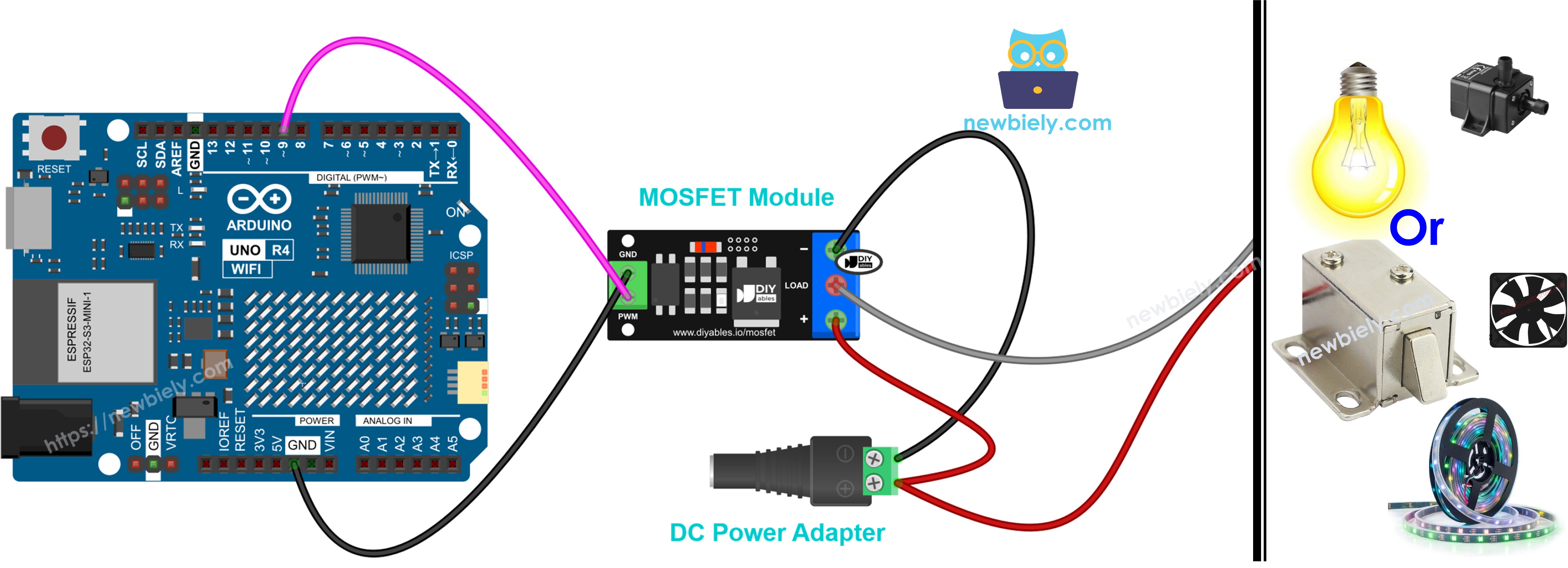 Bedradingsdiagram van Arduino UNO R4 met AOD4184-, LR7843- of FR120N-MOSFET-module