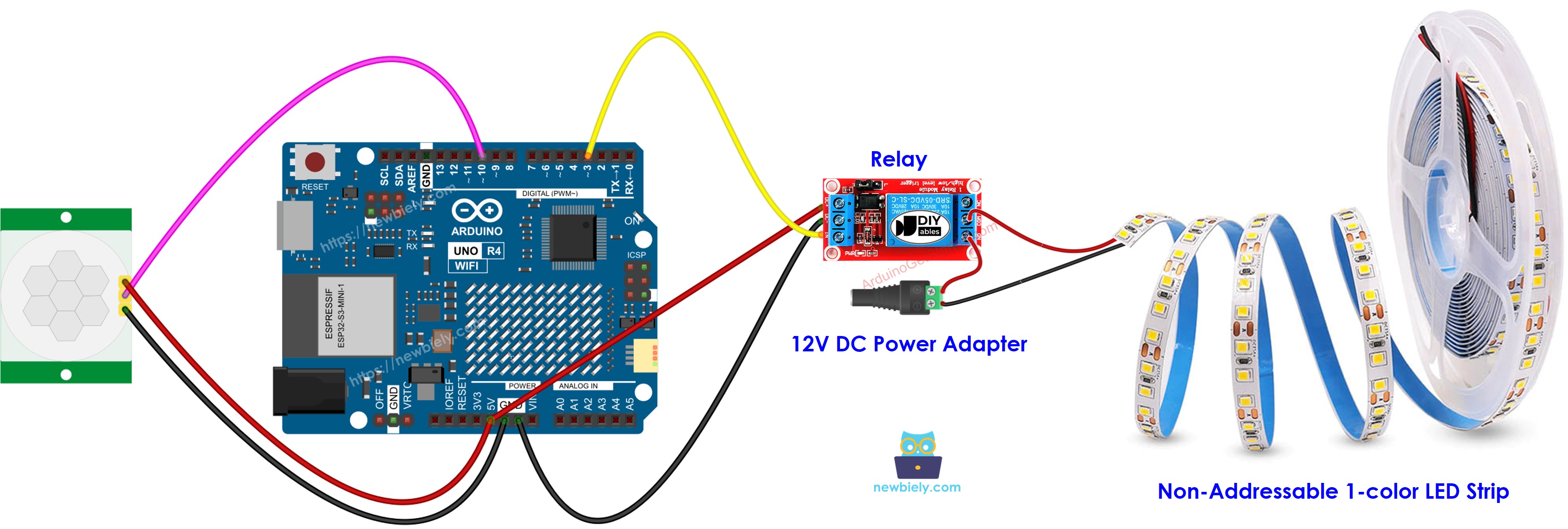 Arduino UNO R4 Bewegingssensor LED strip Bedradingsschema